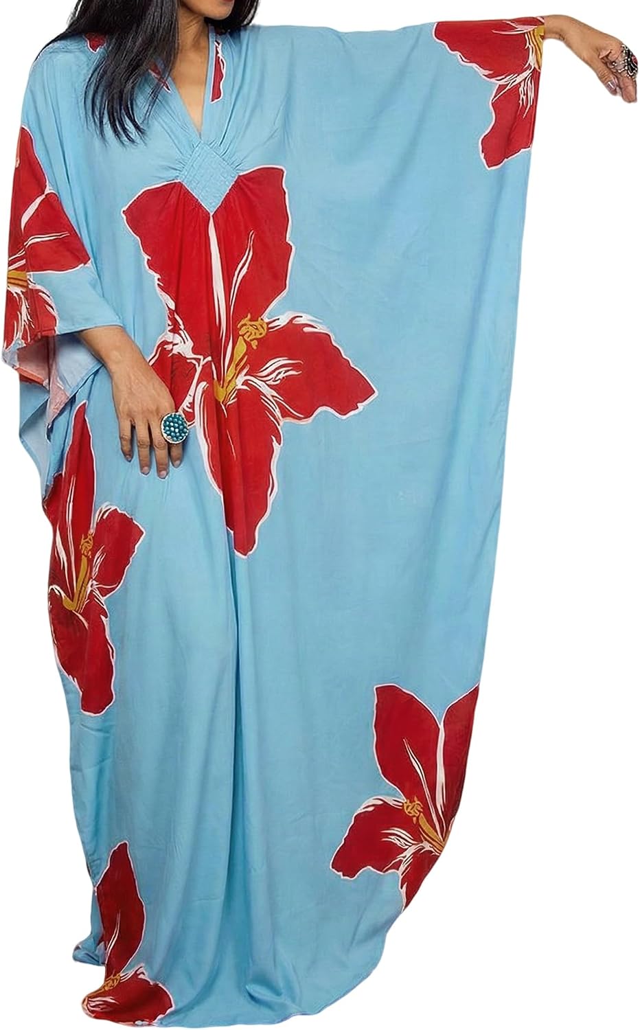 Bsubseach Moo Moos Kaftan Dresses for Women Floral Print Plus Size Swimsuit Coverup Caftan Maxi Beach Dress with Pockets