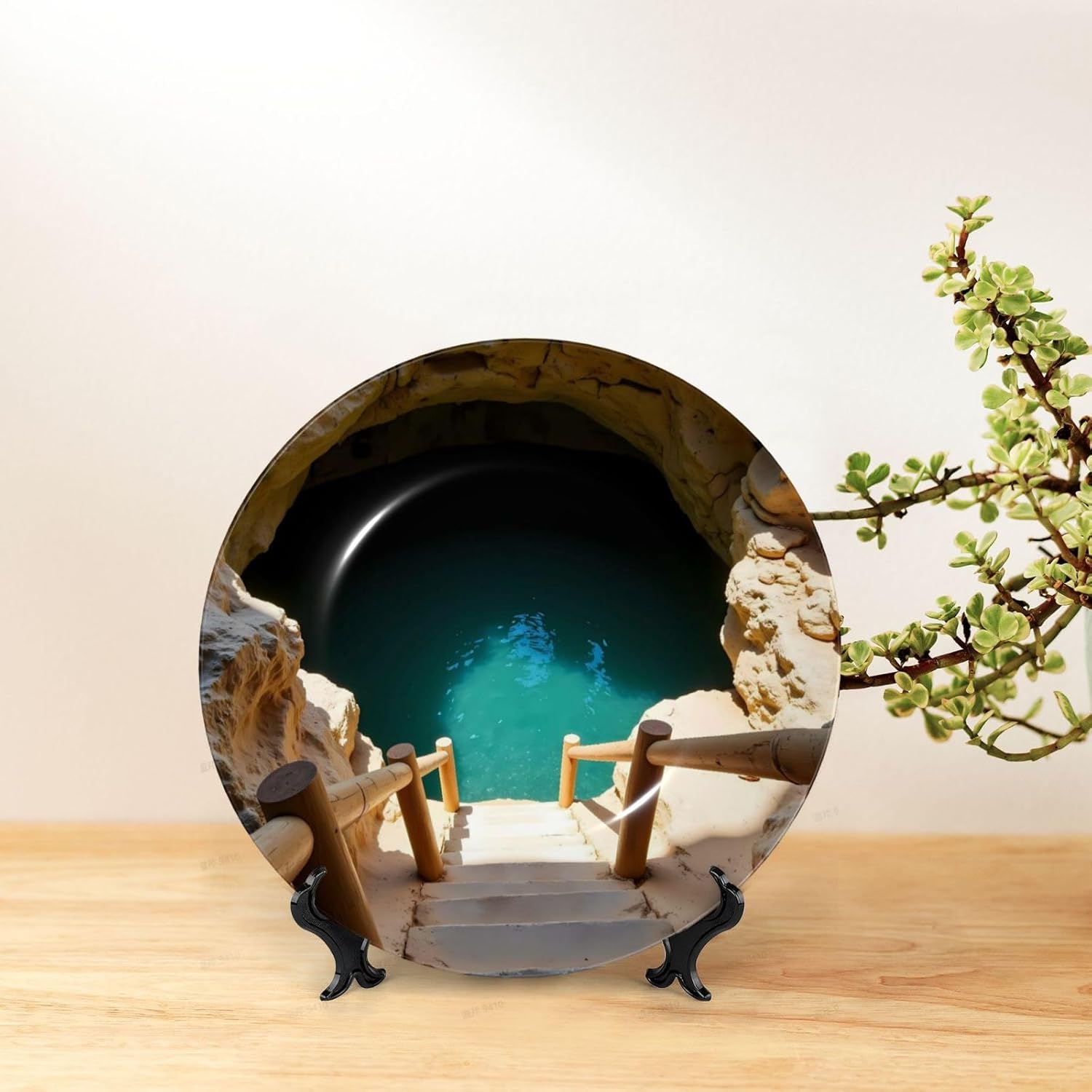 Cave Stairs Pool Style Ceramic Plate Display Decorative Plate With Stand Wall Hanging Plate For Home Decor 10 Inch