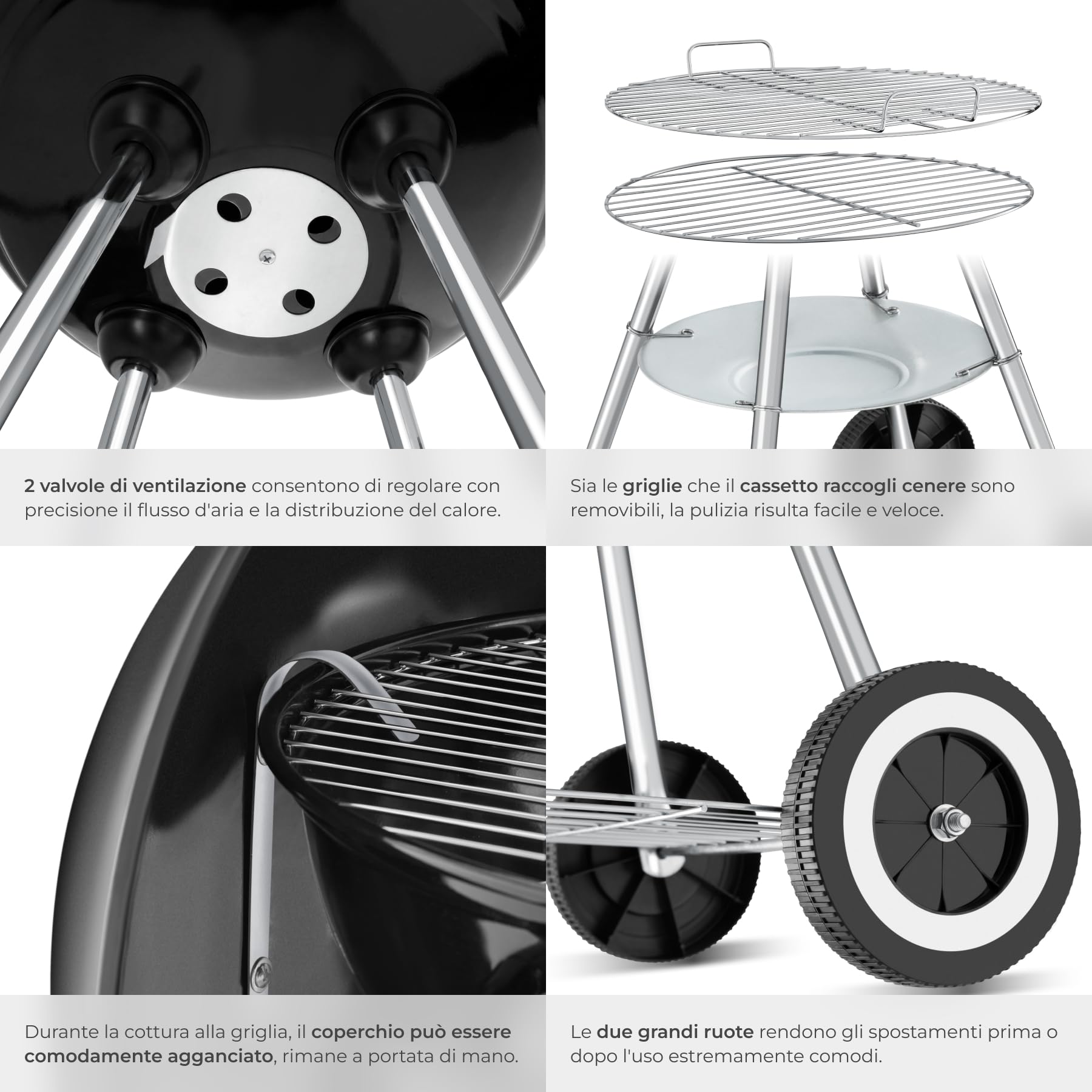tectake®, Barbecue Carbonella a sfera con coperchio, Ø 41,5 cm, griglia barbecue portatile con ruote, bbq carbonella con raccoglicenere, barbeque da esterno, Ideale per Grigliate e Arrosticini