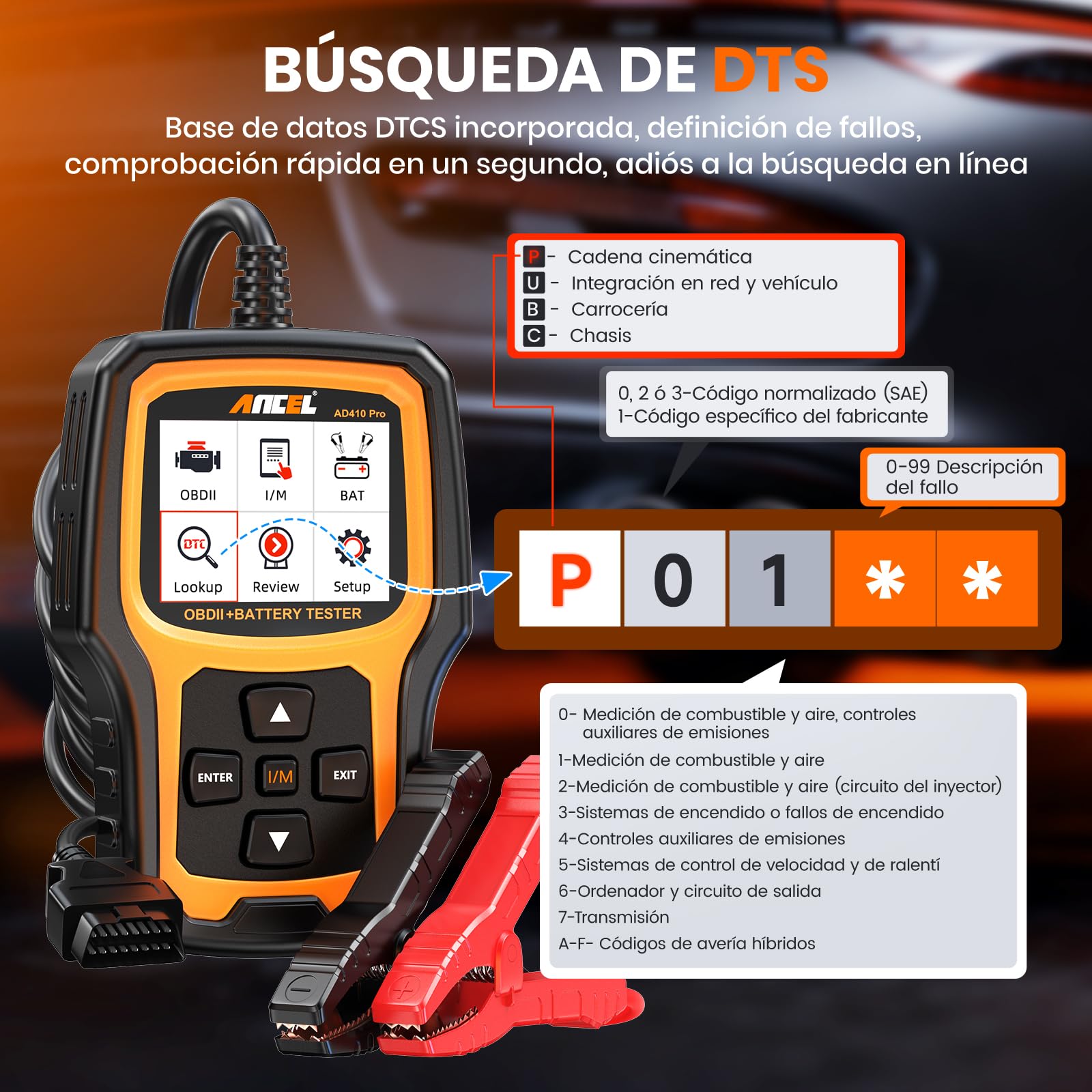 2 en 1 OBD2 Diagnosis Coche y Comprobador de Baterias Ancel AD410PRO | Scanner OBD Multimarca con Completas OBDII Funciones, 100-2000CCA Probador de Batería Auto 12V con test de arranque y carga