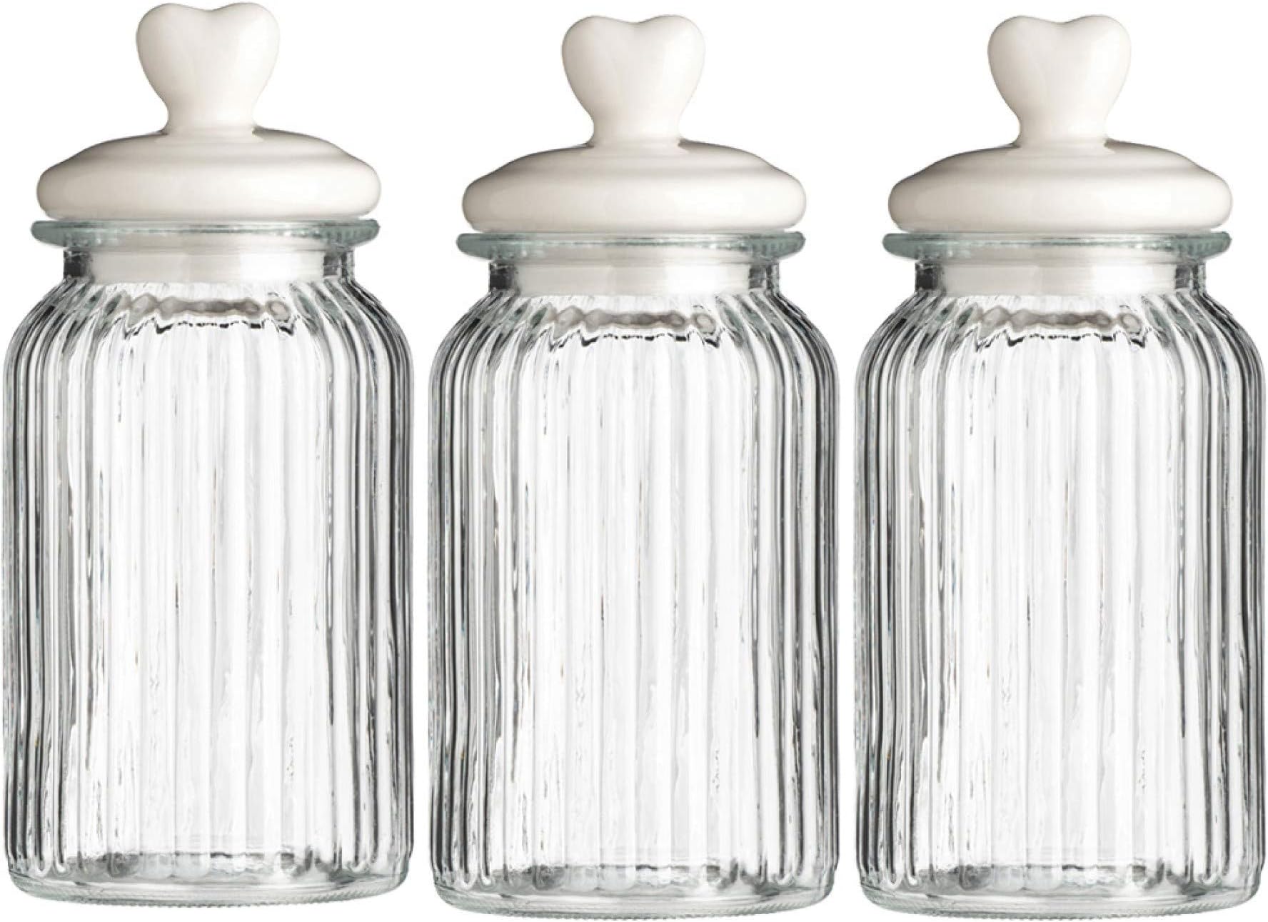 HOMIESINTERNATIONAL Vintage Ribbed Glass Mason Jars with White Ceramic Heart Lids, 3 Piece (1600ml Each)