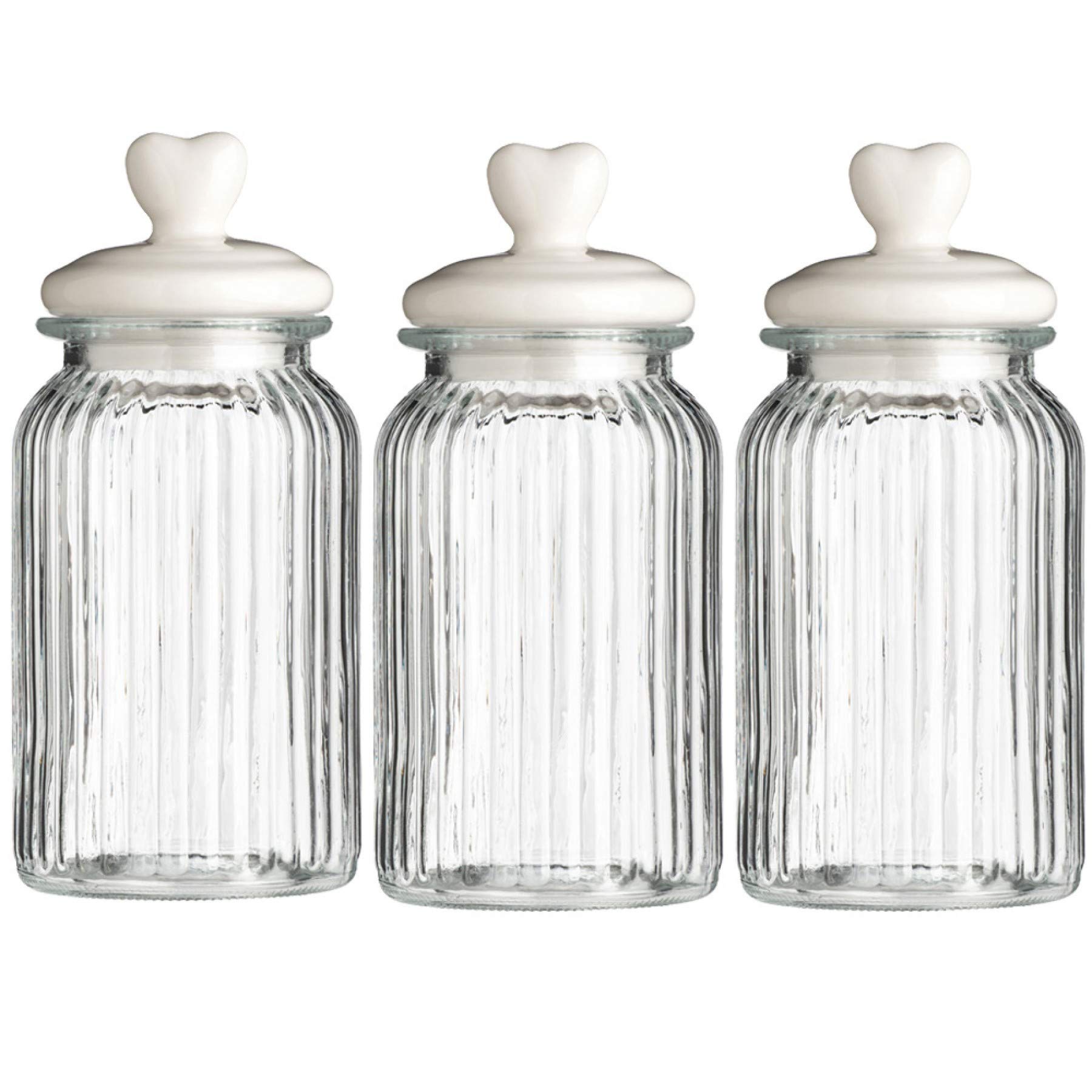 HOMIESINTERNATIONAL Vintage Ribbed Glass Mason Jars with White Ceramic Heart Lids, 3 Piece (1600ml Each)