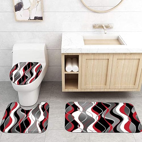 Miniatura 6 de Nkzply Juego de 4 cortinas de ducha a rayas rojas y negras con alfombras y tapa de inodoro, juegos de baño gris y blanco, decoración moderna de baño