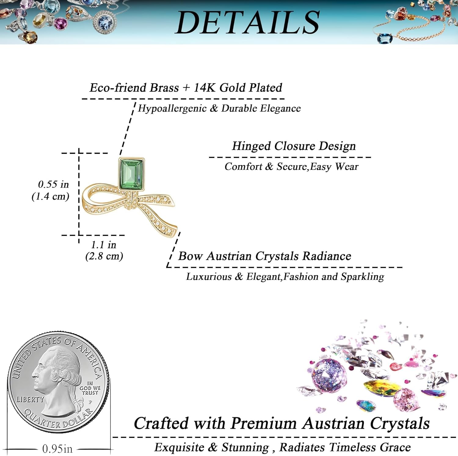 EVEVIC Austrian Crystal Bow Studs Drop Earrings for Women Dangle Earring 14K Gold Plated Hypoallergenic Jewelry Gifts - Image 6