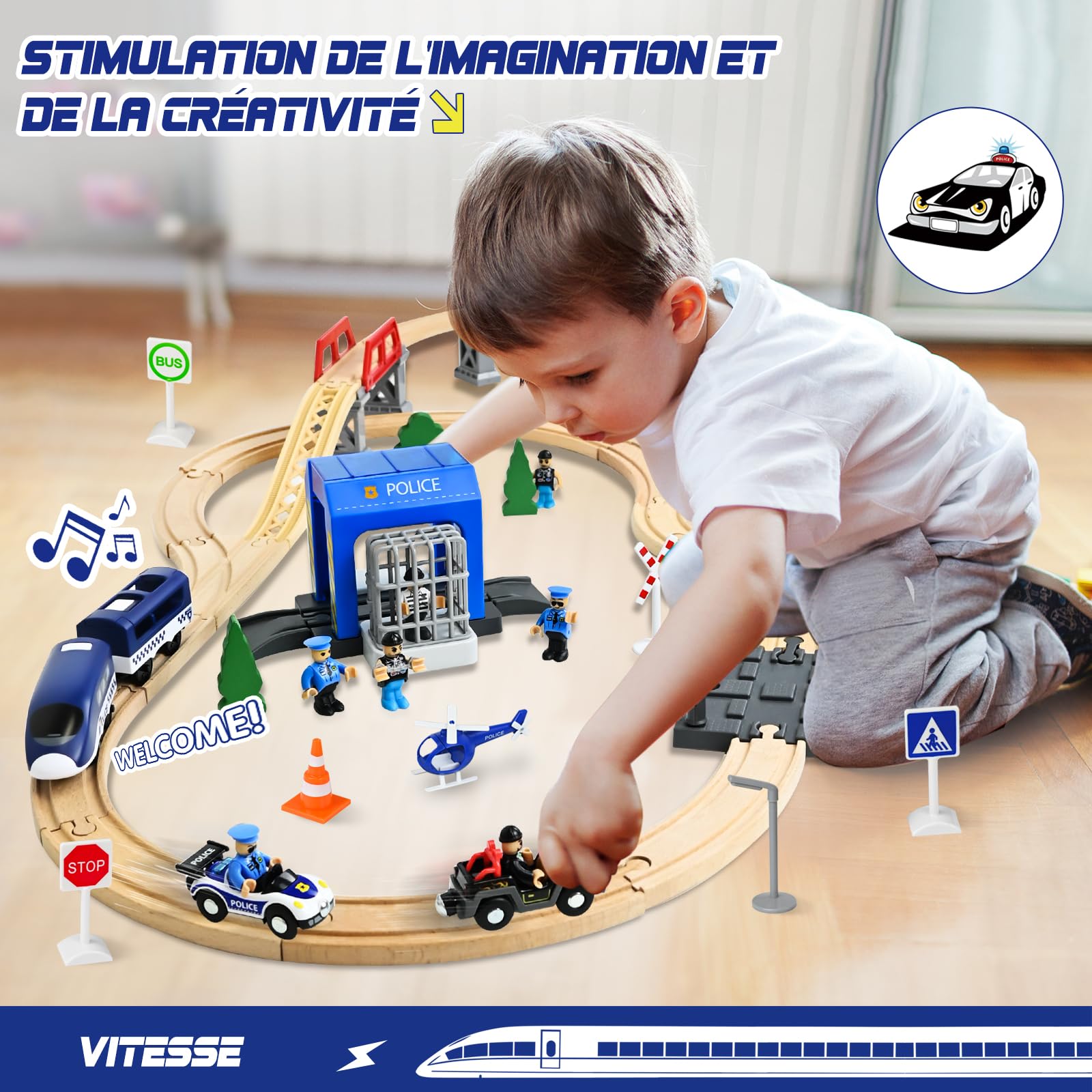 Ulikey Ensemble de chemin de fer en bois pour enfants - 72 pièces - Rails et train - Kit de train miniature avec locomotive électrique, police et voleurs - Cadeau pour garçons et filles