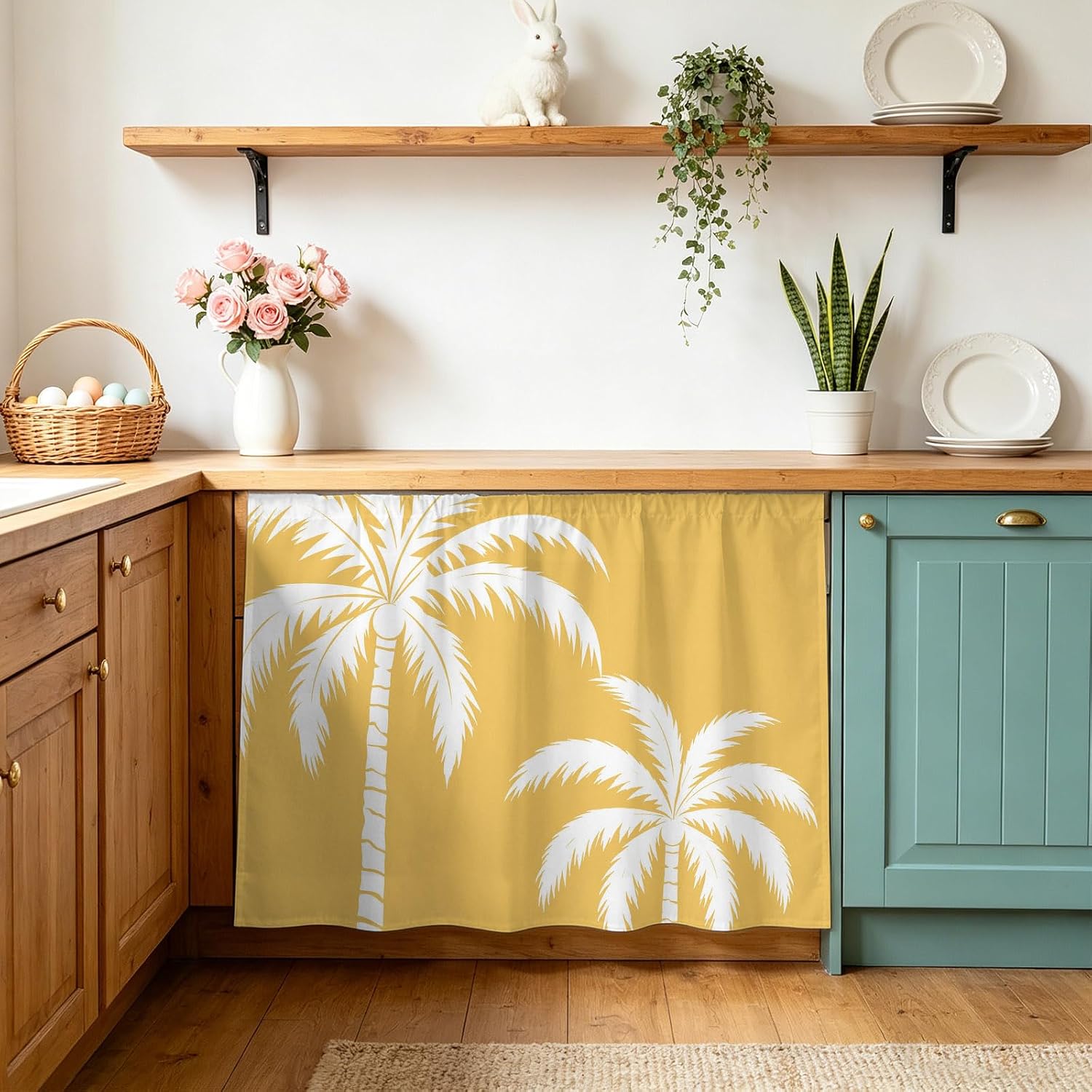 Cabinet Curtain Summer Tropical Palm Tree Desk Curtain 28x35in, Washable Under Sink Skirt for Kitchen Bathroom Laundry, Vibrant Yellow Background Privacy Self-Adhesive Shelf Curtains