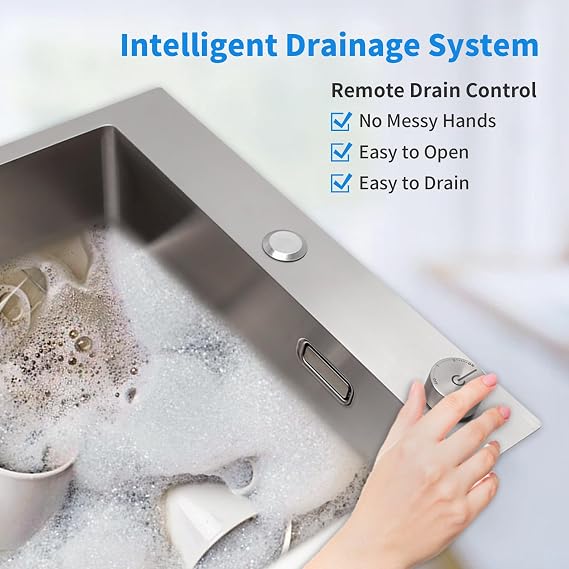 Sanycasa 40x45 cm Stainless Steel Sink Small Kitchen Sink Single Bowl Topmount with Drain Siphon and Comfortable Drain Remote Control