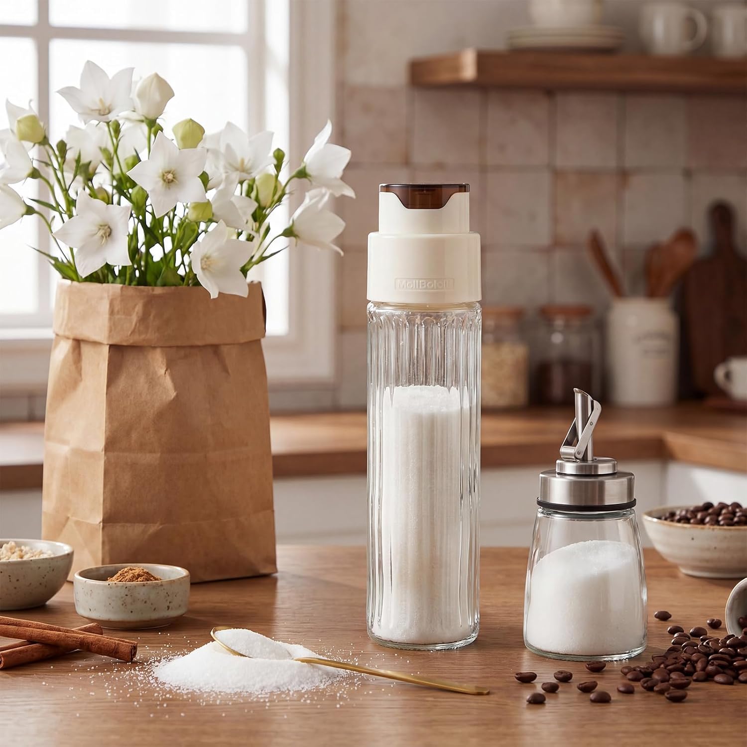 Domensi 4 Pcs Glass Sugar Dispenser Set, 16.9 oz and 6 oz Automatic Pour Sugar Dispensers with Tilt-to-pour Lids, 2 Gold Spoons, Coffee Bar Accessories for Kitchen Counter, Tea and Dining Table