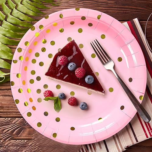 Miniatura 6 de CENLBJ Pink Gold Paper Plates 100PCS,Pink and Gold Dots Dessert Plates,Disposable Round Party Supplies Perfect for Baby