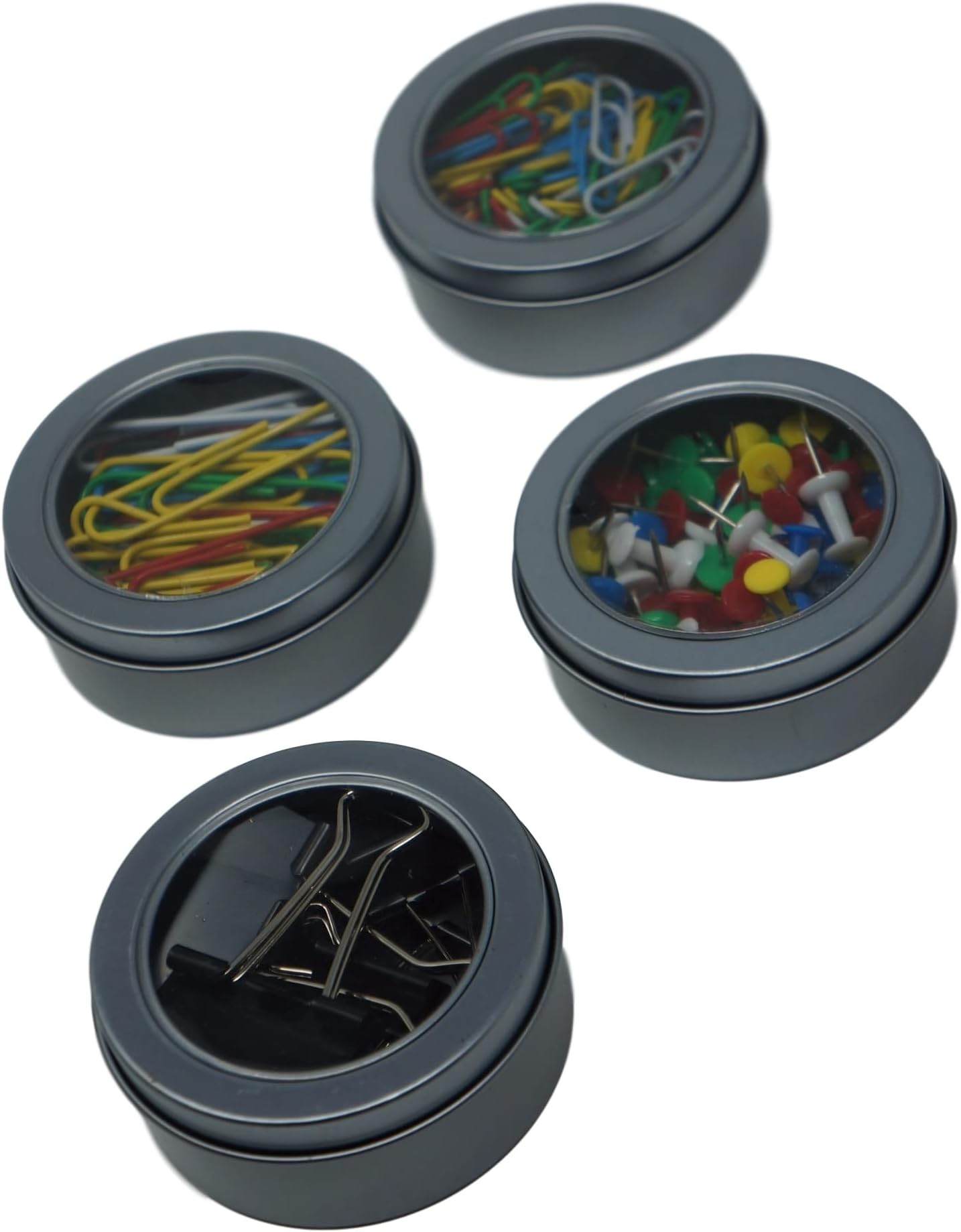 Filled Magnetic Tins -4 pack (Push Pins, Paper Clips, Binder Clips)
