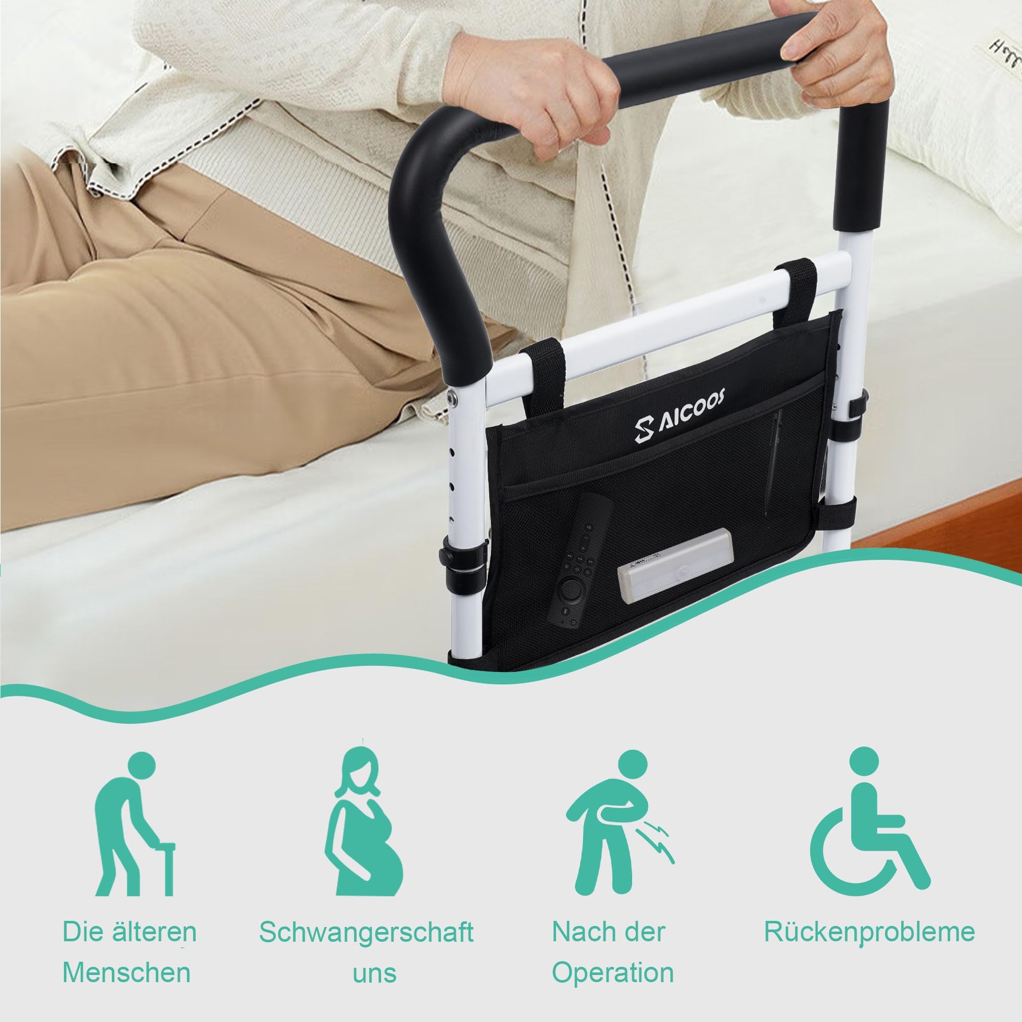 Letto di grandi dimensioni per anziani, con manico per alzarsi, ringhiera del letto per anziani, regolabile in altezza, con accessori per la prevenzione delle cadute di notte e di emergenza (misura XL
