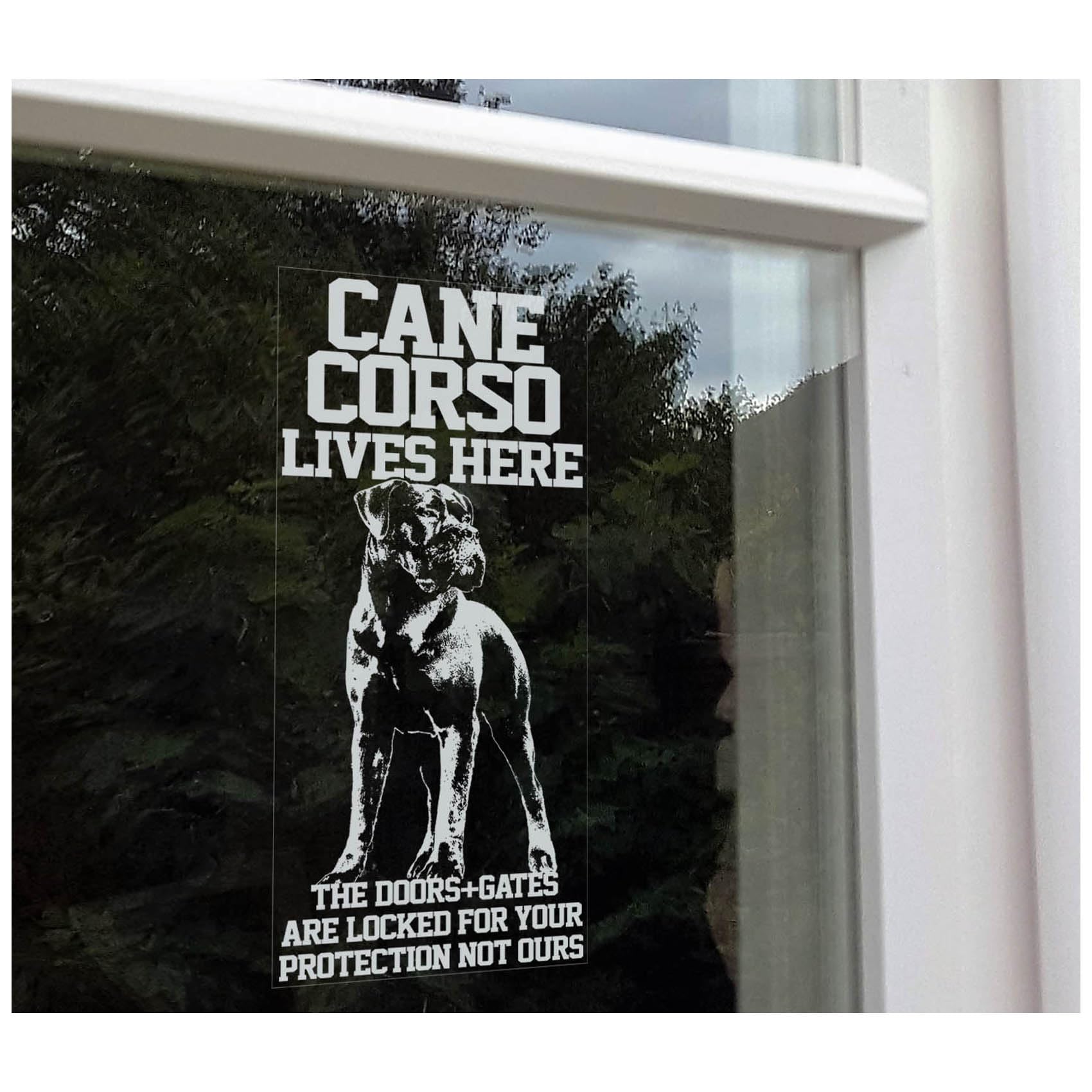 Cane Corso Lives Here Sticker, Dog Warning Sign, Pet Owner Gift, Beware of Dog Home Security Window Decal -V14 (Inside Reverse Print - White)