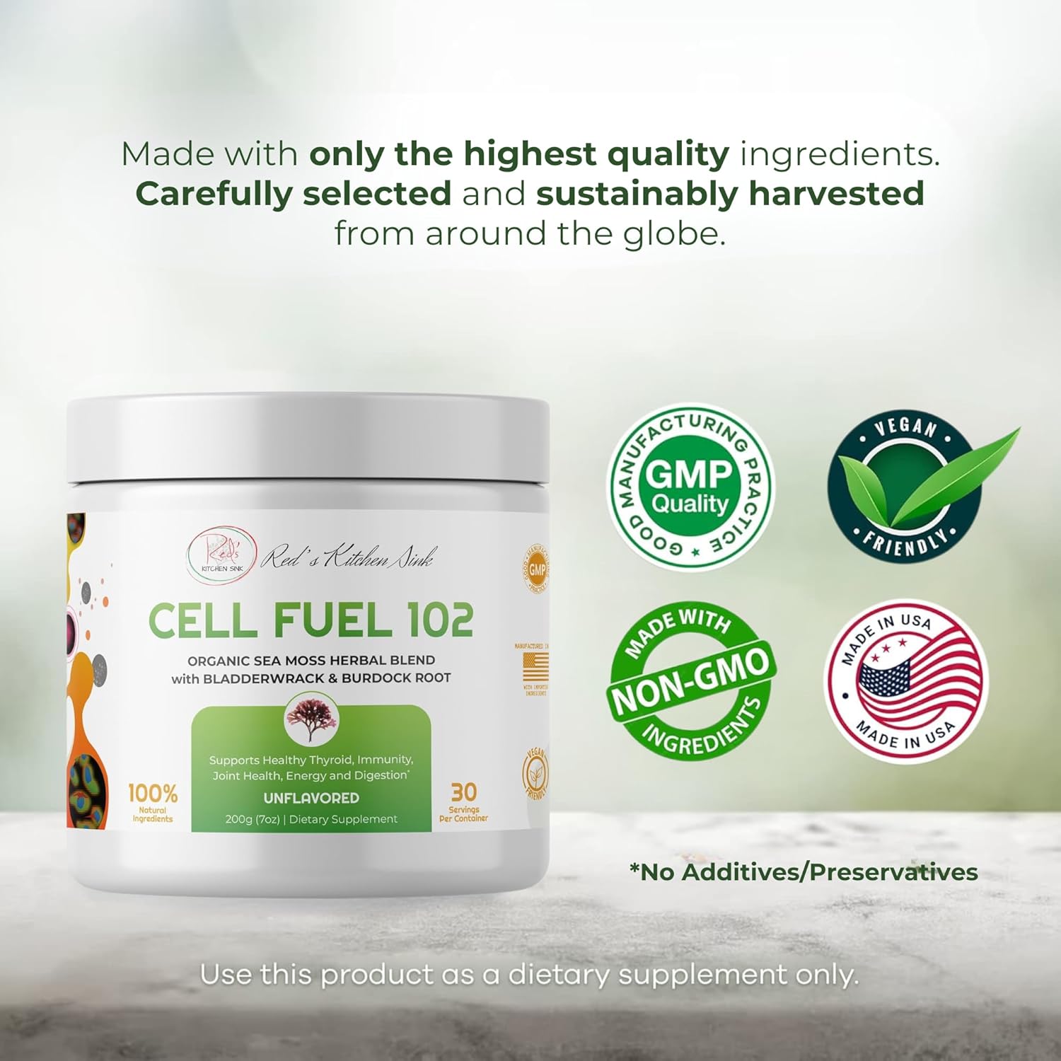 Red's Kitchen Sink Cell Fuel 102 – Organic Sea Moss Powder with Bladderwrack & Burdock Root | Dr. Sebi Inspired Herbal Blend | Vegan, Natural, 30 Servings (7oz)