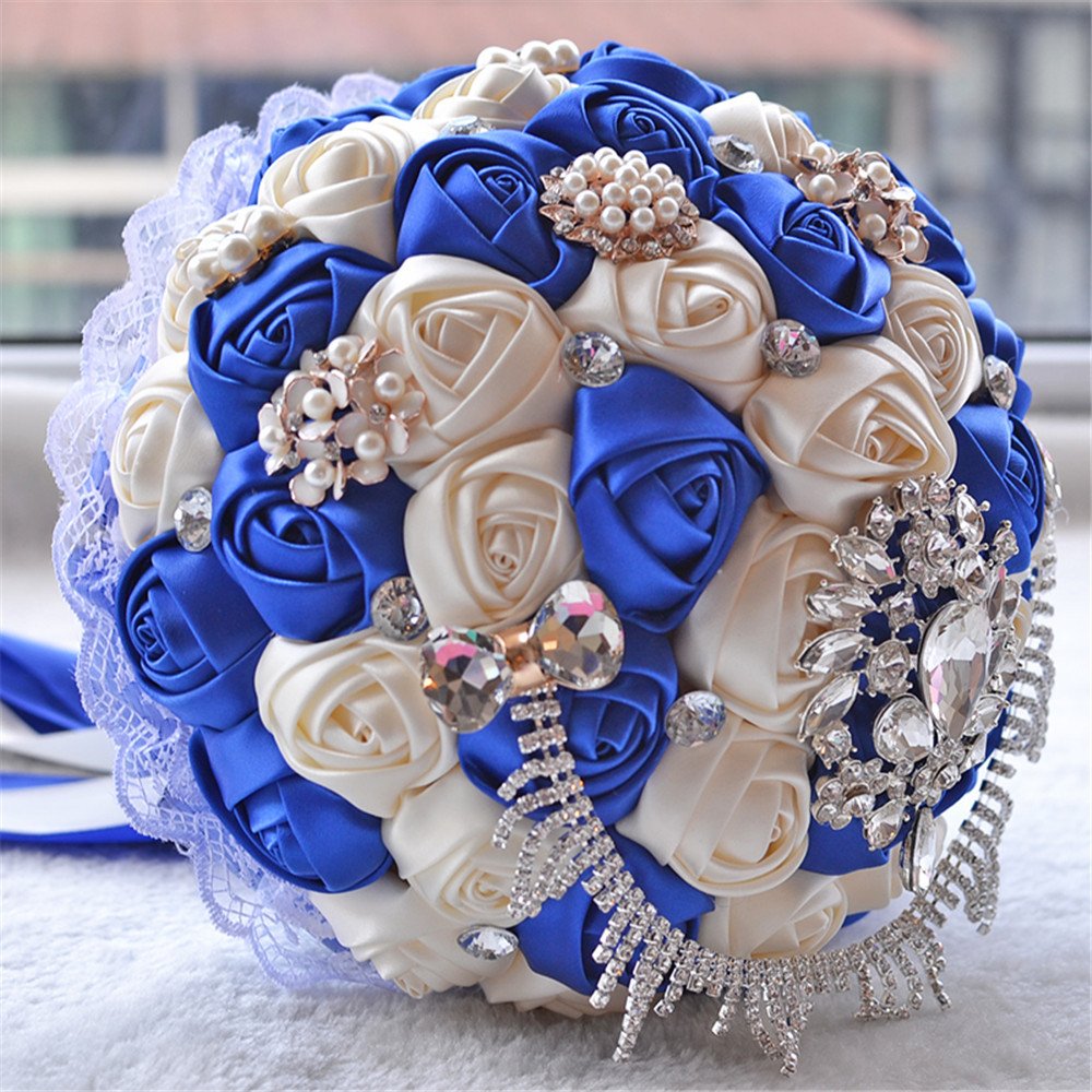 Romantic Wedding Bride Holding Bouquet Roses with Diamond Pearl Ribbon Valentine's Day Bouquet Confession (Royal Blue)