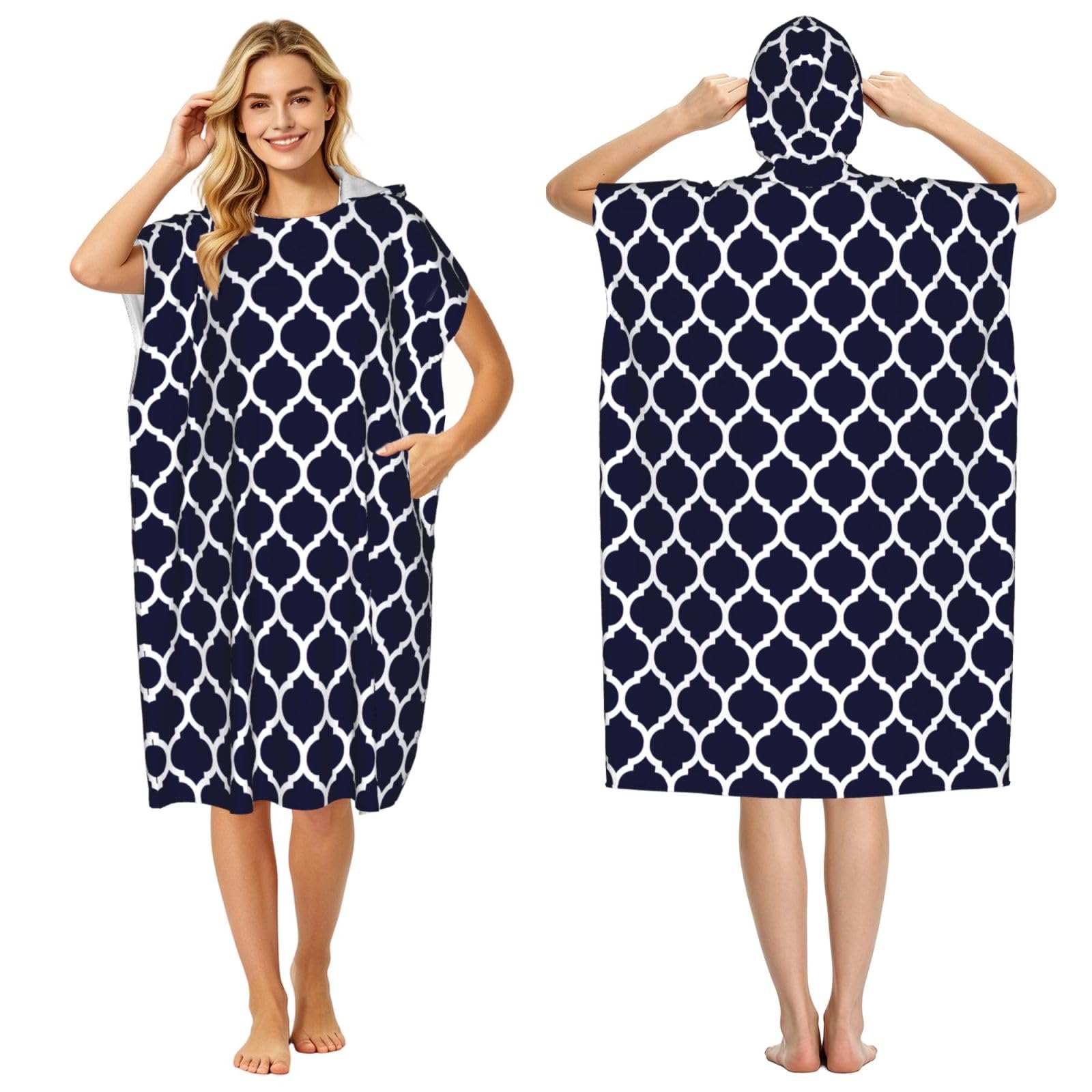 Poadnly Modern Navy Blue Moroccan Geometric, Adult Hooded Beach Towel 90 x 110 cm,Changing Bath Robe, Surf Poncho Towel For Women Men