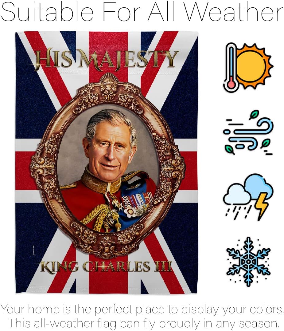 His Majesty King Charles III Tapestry Home Decor Banner Wall Art Porch Garden Flag Stand Pole Room Indoor Outdoor Coronation Party Decoration Souvenir Poster United Kingdom Memorabilia Made in USA