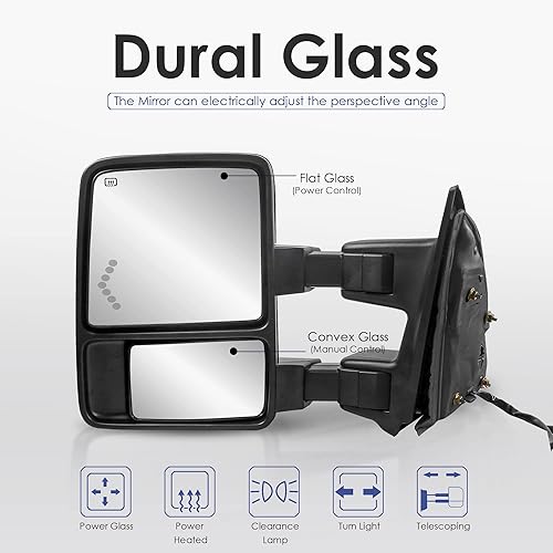 Miniatura 3 de MOSTPLUS Espejo de remolque compatible con Ford F250 F350 F450 F550 Super Duty Power con luz de giro LED (juego de 2)