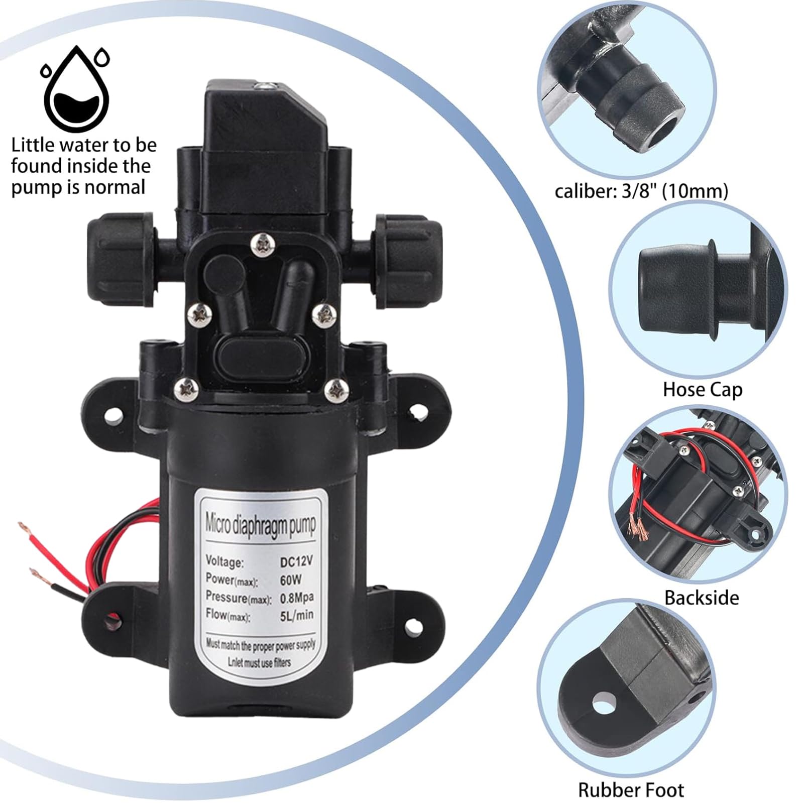 Jadeshay Pompa Acqua 12V, pompa autoadescante DC 12V 116Psi Pompa Acqua Pressione per Roulotte Barca Camper Giardino Pulizia Veicoli Camper 60W