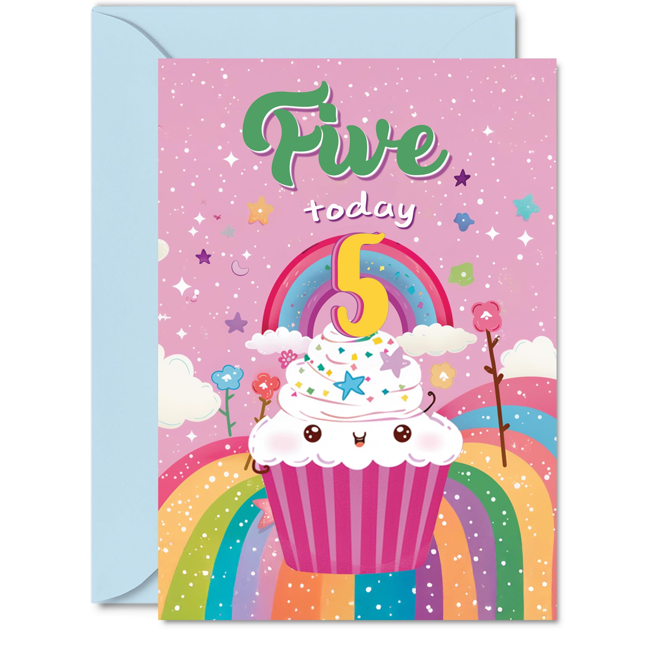 5th Birthday Card Girl - Cupcake Rainbow - Happy Birthday Card for 5 Year Old Girl, Age 5 Girls Cards, A5 Bday Greeting