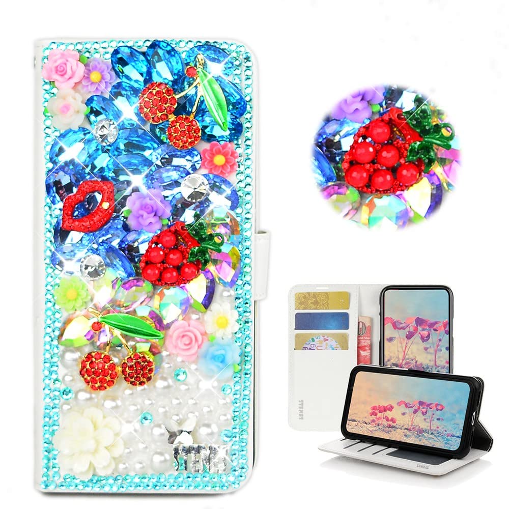 STENES Bling Wallet Phone Case Compatible with Umidigi A15C Case - Stylish - 3D Handmade Cherry Pineapple Floral Lips Magnetic Wallet Stand Girls Women Leather Cover - Blue