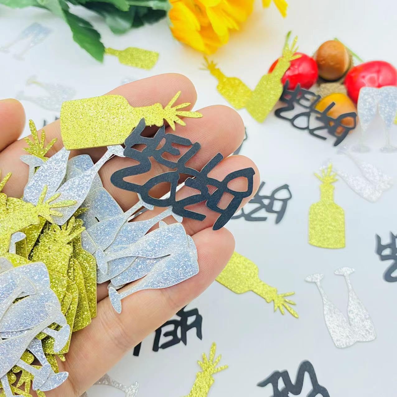100Pcs Happy New Years Hello 2024 Confetti, New Years Eve Holiday Gold Wine Bottle, Silver Wine Glass Glitter Paper Confetti Table Decorations for Happy New Year Decorations 2024
