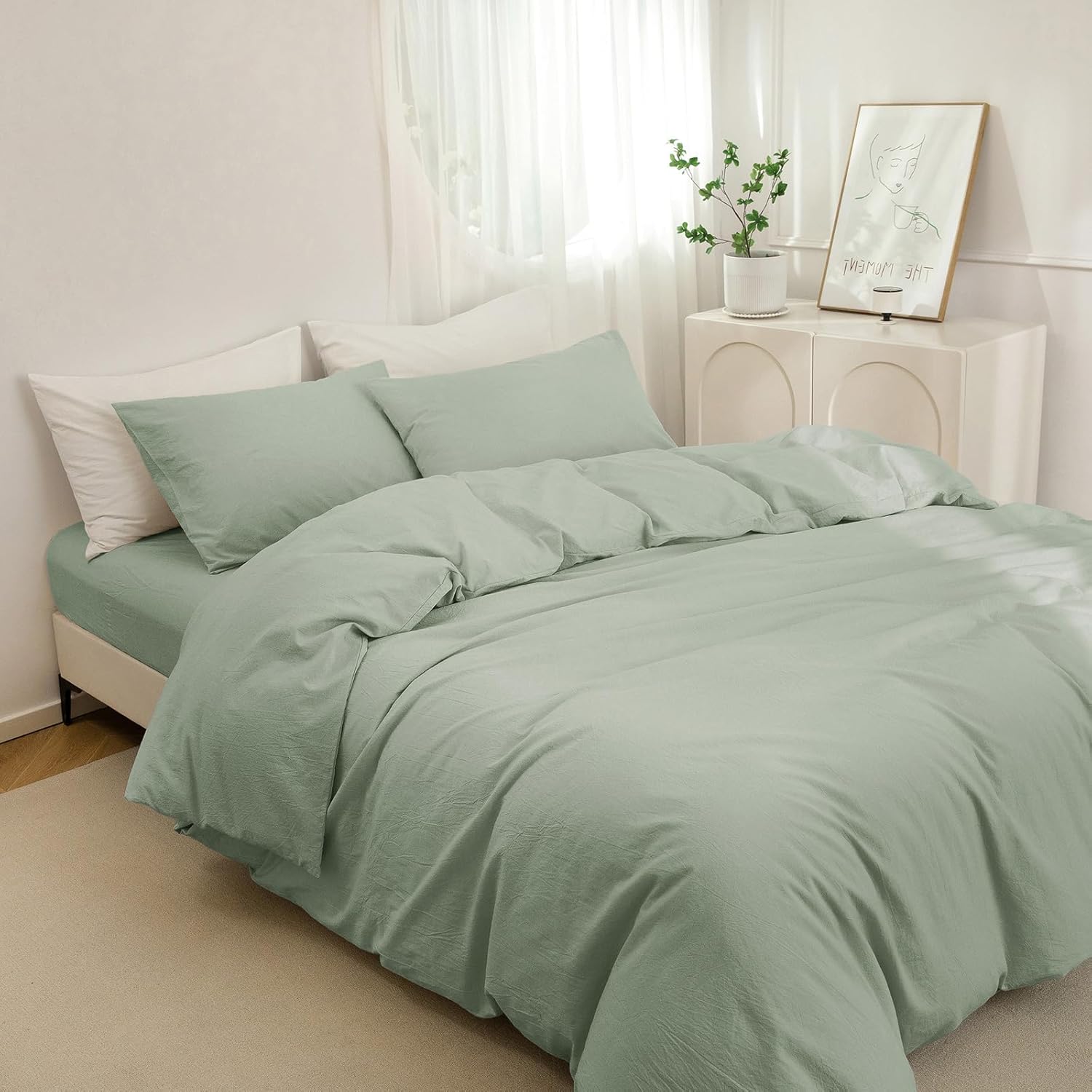 JIYUAN 100% Washed Cotton Duvet Cover Set 3 Pieces King, 1 Duvet Cover 104x90 Inches(Comforter Not Included) and 2 Pillowcases,Linen Feel Bedding Set Comfy and Breathable, Heathered Sage Green - Image 6
