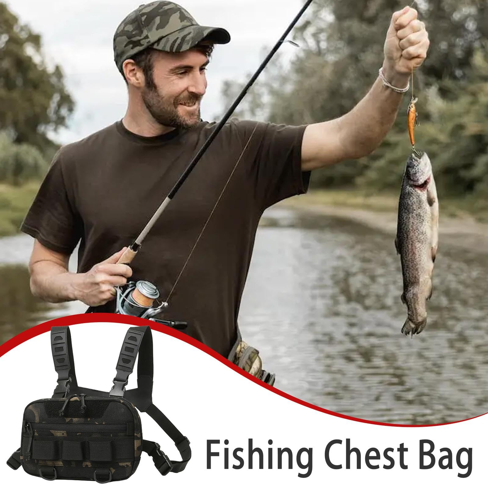 Paquete de pecho de pesca - Bolso de pecho con bolsa para señuelos, Bolso de pecho para hombre con malla trasera | Bolsa colgante de camuflaje para cintura, equipo multifuncional para deportes de cicl