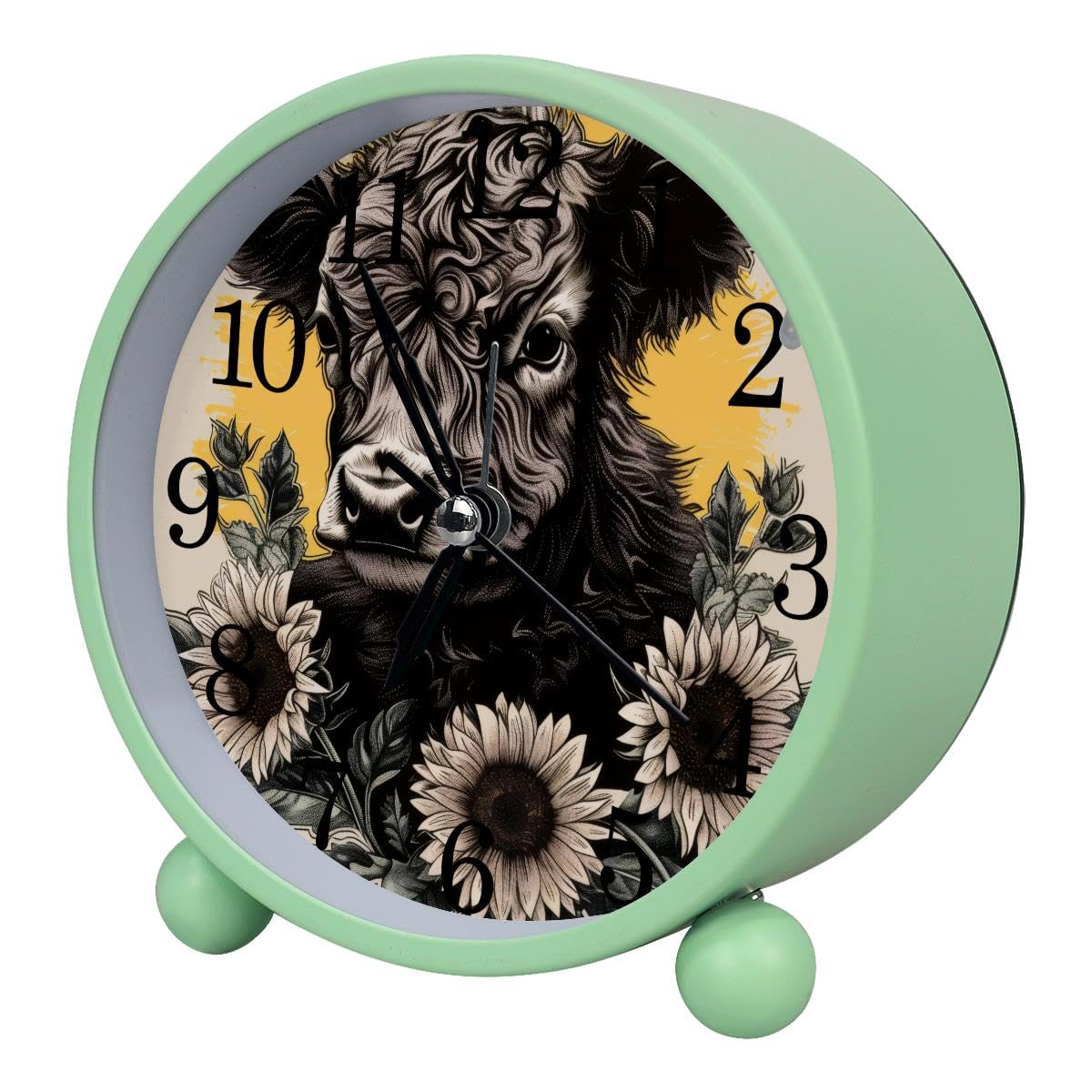 Alarm Clock Black Cow Sunflowers, Silent Non-Ticking with Night Light