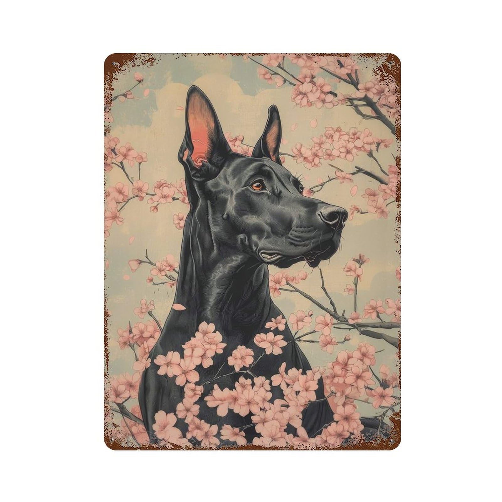 Doberman with Cherry Blossoms Blossom Dog Poster Retro Metal Sign 15.7"x11.8", for Pub, Kitchen And Man Cave Decor, Retro Wall Decor