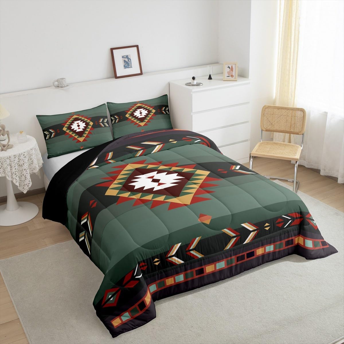 Feelyou Queen Size Southwest Native Design Bedding Set Boys Girls Southwestern Geometric Comforter Set for Kids Soft Tribal Comforter Vintage Green Red Duvet Set Room Decor Quilt Boys