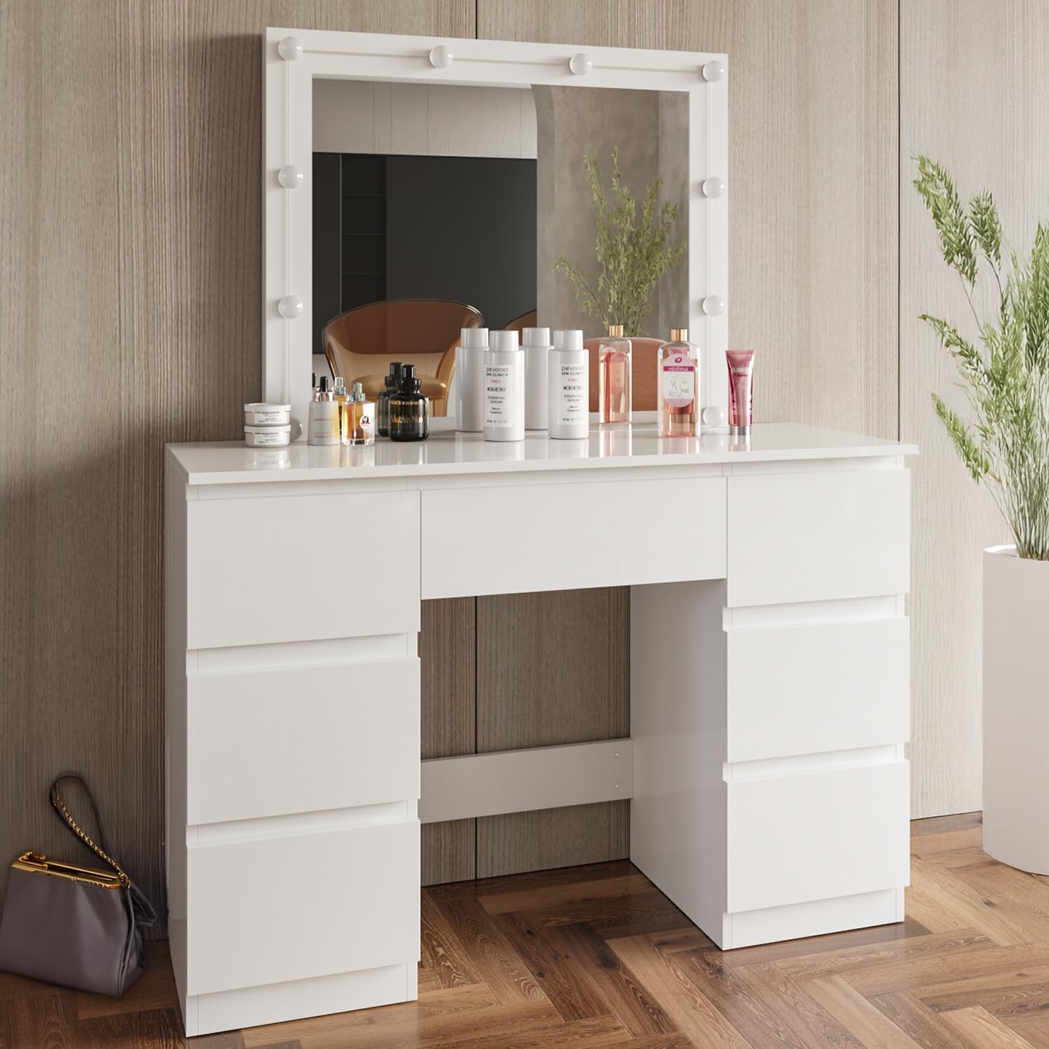 Arreditaly Toeletta Tavolino Da Trucco Tavolo Con 10 Luci LED Luminosità Regolabile Specchio Orizzontale Con 7 Cassetti Postazione Make Up In Legno Design Moderno 39.5 x 110 x 140.5 Cm Bianco