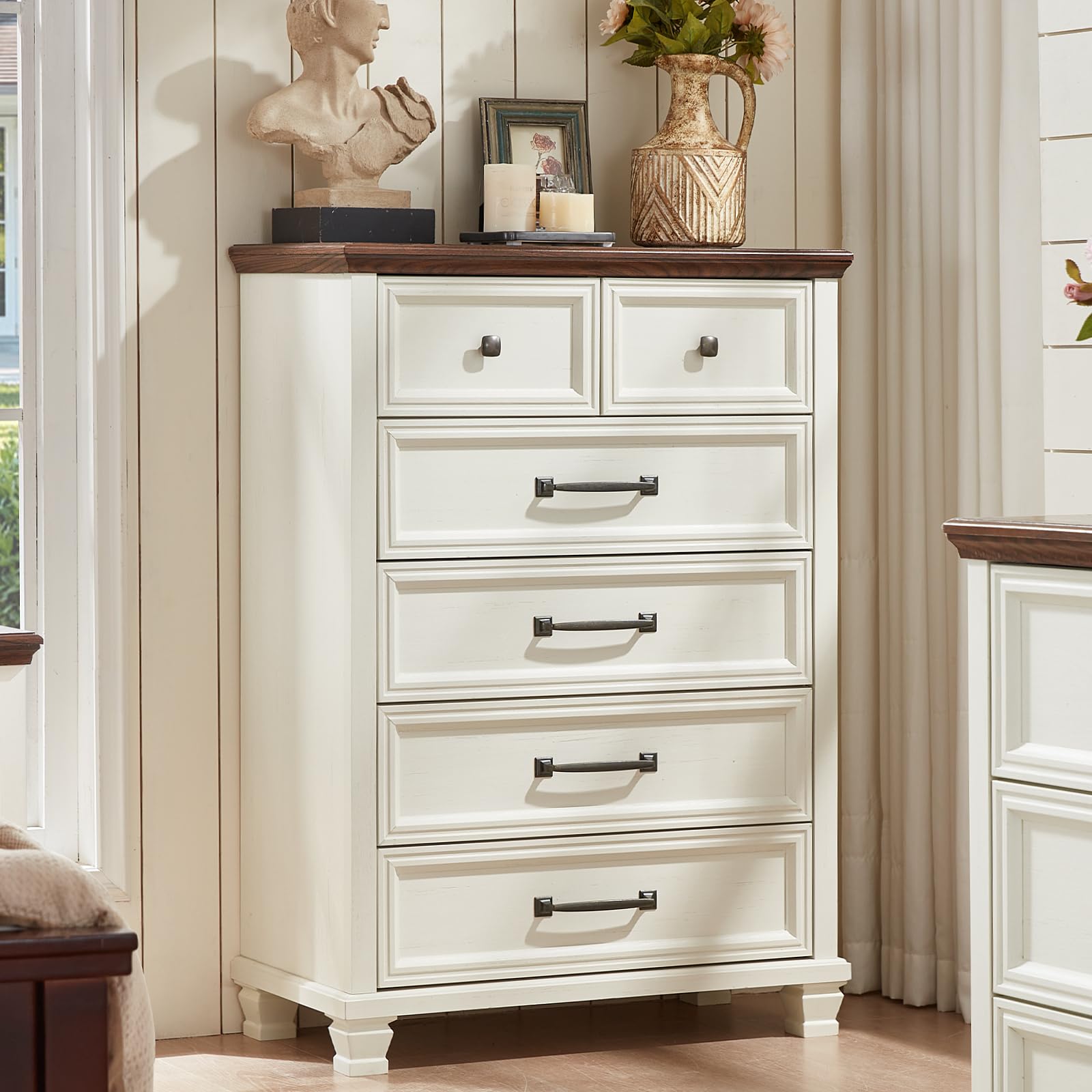 SAVOR LIFE Cómoda rústica de 6 cajones para dormitorio, de 114 cm de alto, de madera vintage, con patas cuadradas de madera, organizador de almacenamiento de mediados de siglo para sala de estar y pasillo, color blanco