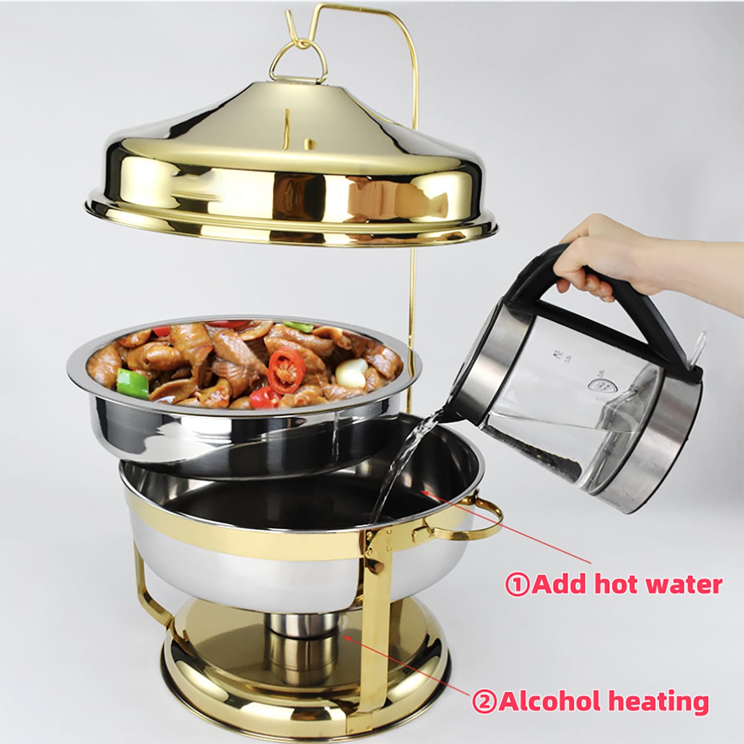 Juego de platos de acero inoxidable, 4,5/9 L, con sartenes colgantes y soportes de combustible para fiestas, restaurantes, hoteles, solución perfecta para catering