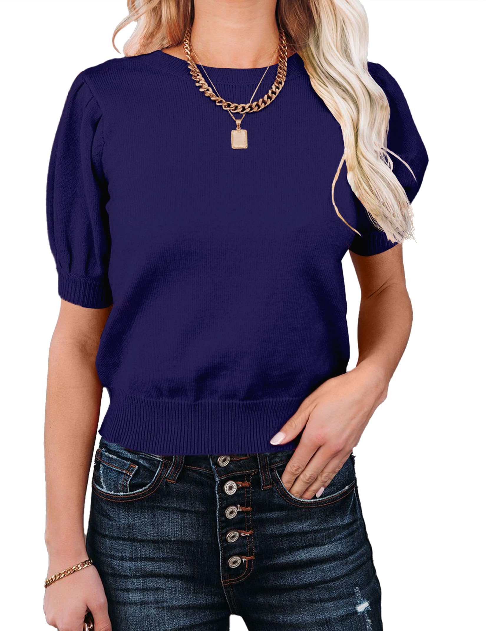 Womens Puff Short Sleeve Sweater Tops Crewneck Basic Knit Pullover Lightweight Casual Sweaters