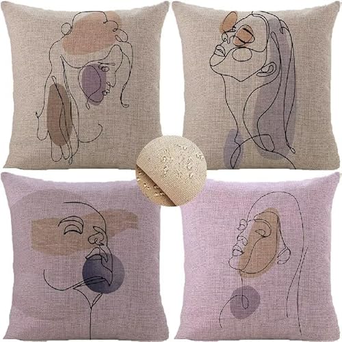 Exterior Impermeable Fundas Cojín para Sofá 70x70cm,Figuras lineales Funda de Almohada Decorativas Lila Otoño Lino impermeable Cojines Sofá,Coche,Oficina,Jardín, Sala de Estar Fundas Cojines SP-1511