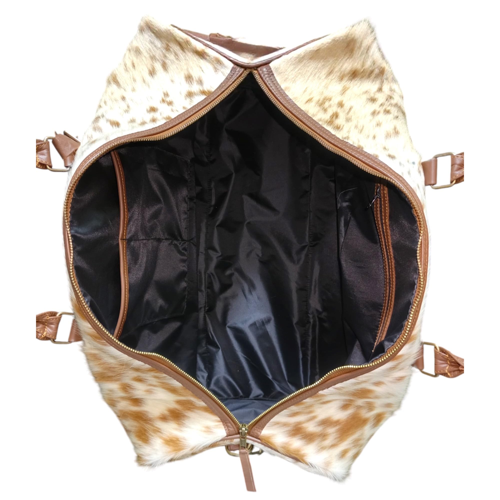 Bolsa de viaje unisex de piel de vacuno auténtica, bolsa de viaje para fin de semana, equipaje de noche de cuero vacuno marrón blanco con correa para el hombro, bolsa de viaje de mano, bolsa de viaje