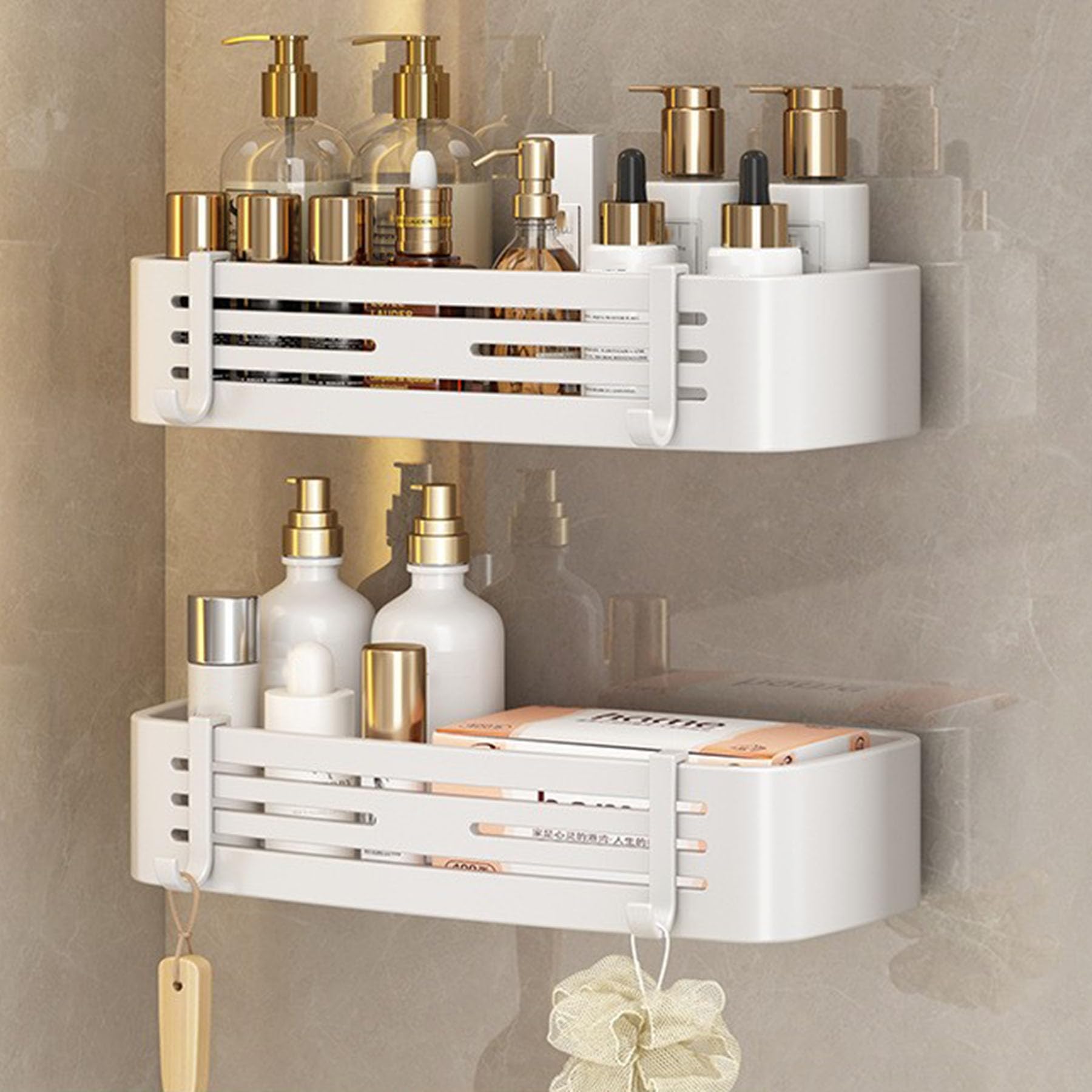 Estante Ducha Adhesivo, Estante de Almacenamiento para baño montado en la Pared, Organizador Ducha sin Taladro, estantes de Ducha Gran Capacidad a Prueba óxido con Ganchos,Blanca,B