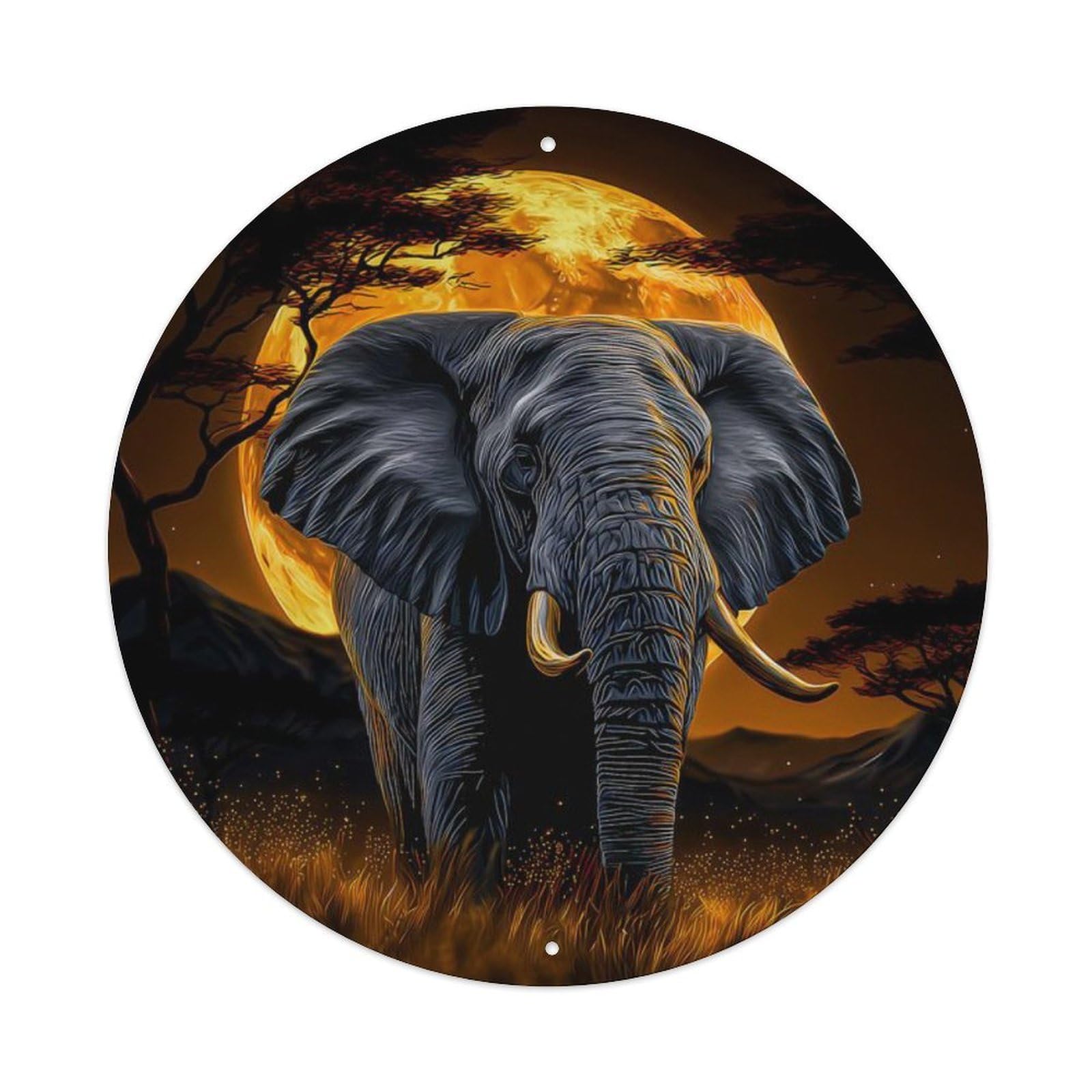 Animal African Savanna Elephant Full Moon Night African Savanna Vintage Metal Tin Sign Plaque Wall Decor for Cafe, Club Bar, Office, Garden Metal Poster 8x8Inch