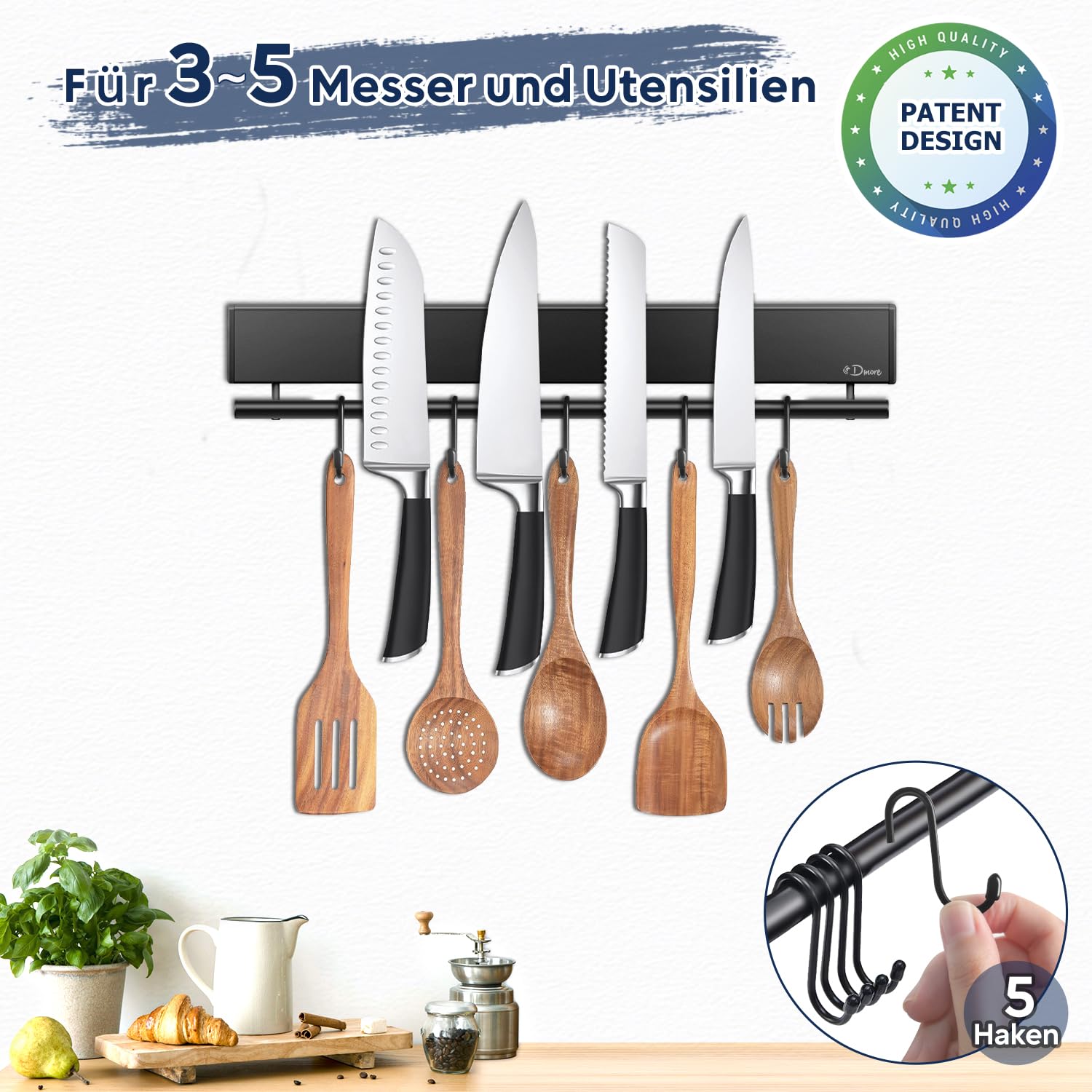 Dmore Supporto Magnetico per Coltelli da 30 cm Con 5 Ganci - Barra Nera Autoadesiva per Utensili Con Nastro e Viti