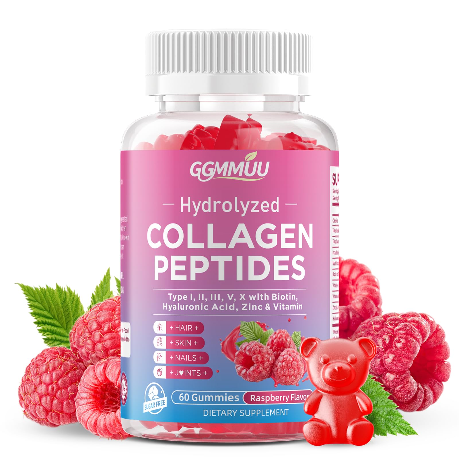 Collagen Peptide Gummies for Women & Men, Raspberry Flavor, 60 Count