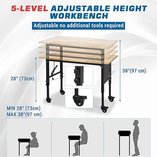 Miniatura 3 de Banco de trabajo de garaje ajustable de 48 pulgadas de largo x 24 pulgadas de ancho, mesa de taller resistente con toma de corriente y tablero de