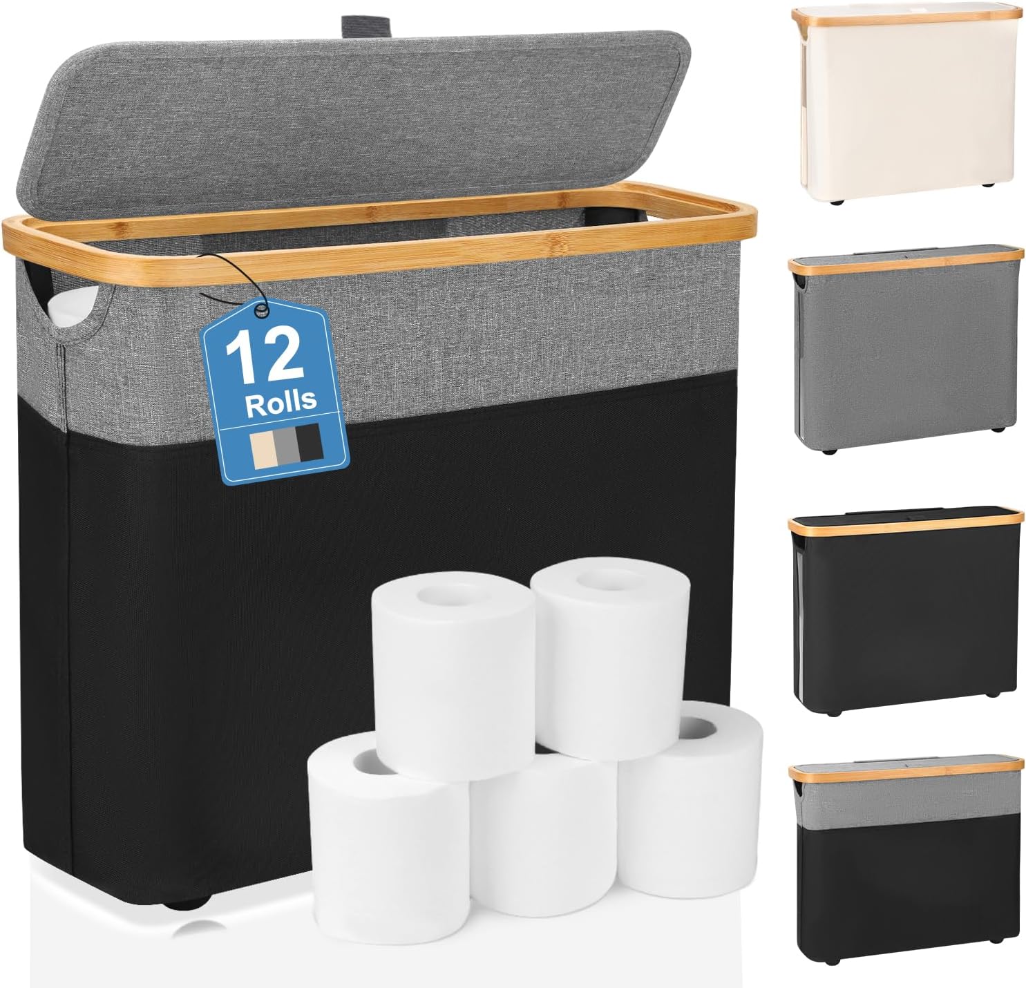 TACGEA Toilet Paper Storage Basket, Toilet Paper Container with Lid, Bathroom Organizer Hold up to 9 Mega Rolls or 12 Regular Rolls, Gray and Black