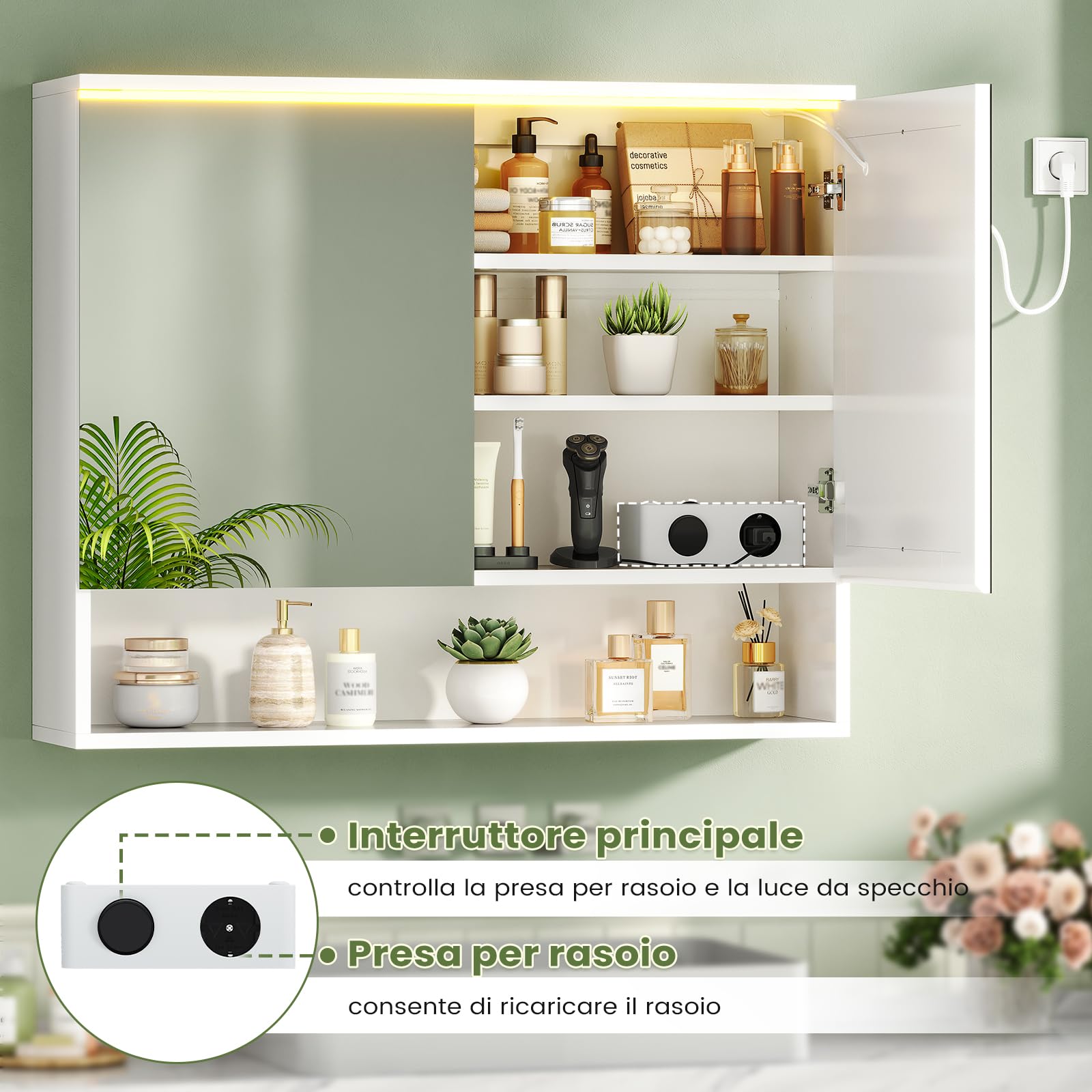 Specchio Bagno Contenitore con Luce, Specchiera Bagno 80x16x75 cm