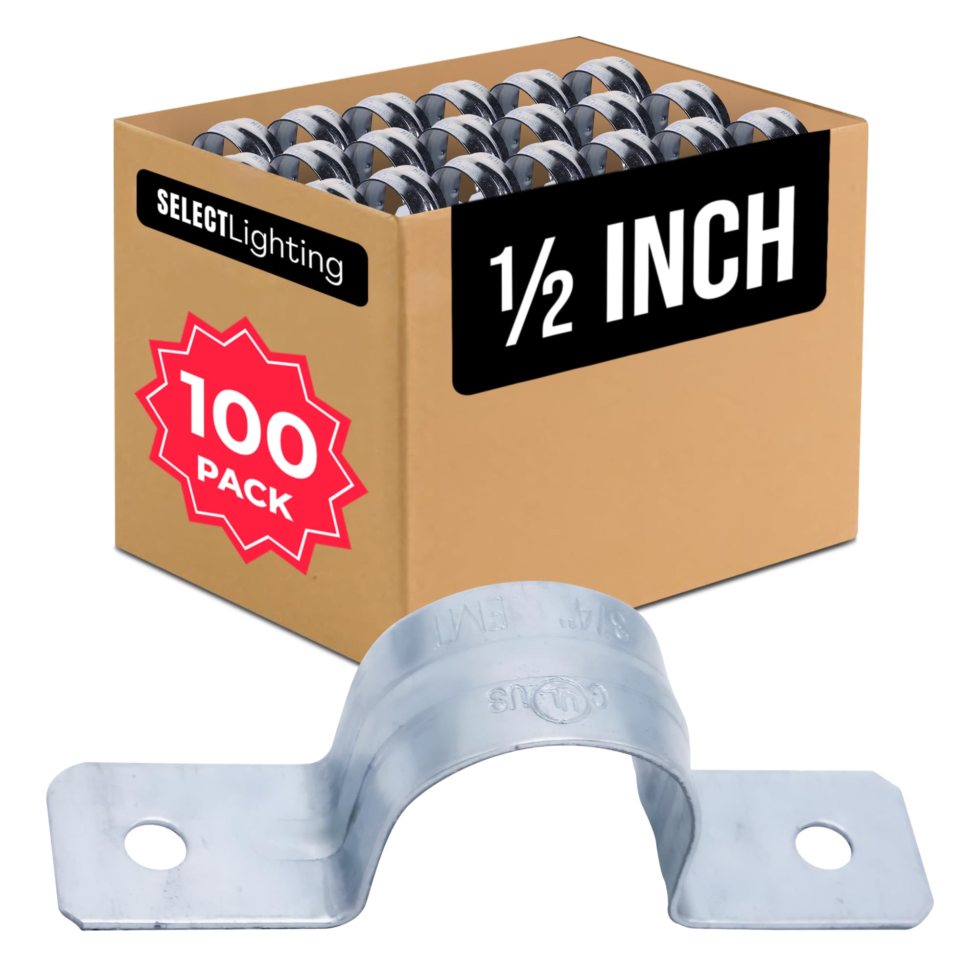 SELECT Lighting Correas de tubo rígidas de 2 agujeros de 1/2 pulgada para EMT, clips de acero chapado en zinc resistentes con costilla reforzada, correa de conducto para tuberías, cables y tubos,