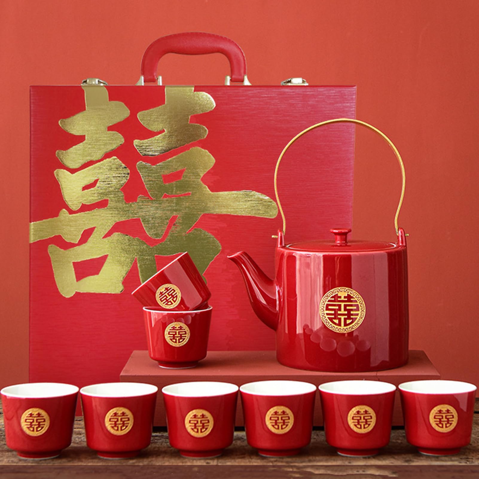 Juego de té Kung Fu de cerámica roja artesanal con diseño Doble Felicidad