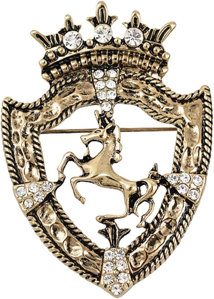 Vintage Gold Tone Crown Horse Pin Brooch Retro Crystal Shield Badge Lapel Pin For Men Women