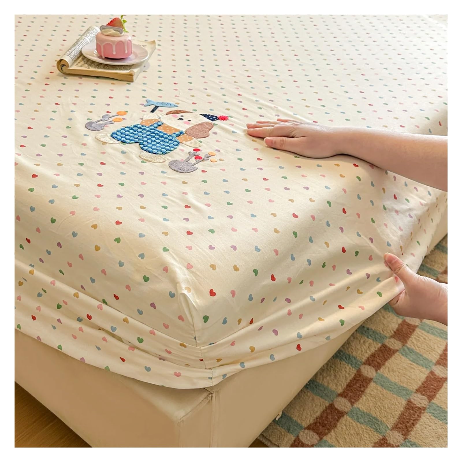 Printed Bed Sheets Baumwoll-Spannbettlaken mit Herzmuster, Bedruckt Gummizug, Einzel-/Doppelbett-/Queensize-Größe, weiches Cartoon-Design(Color 3,150x200x30cm 1pc)