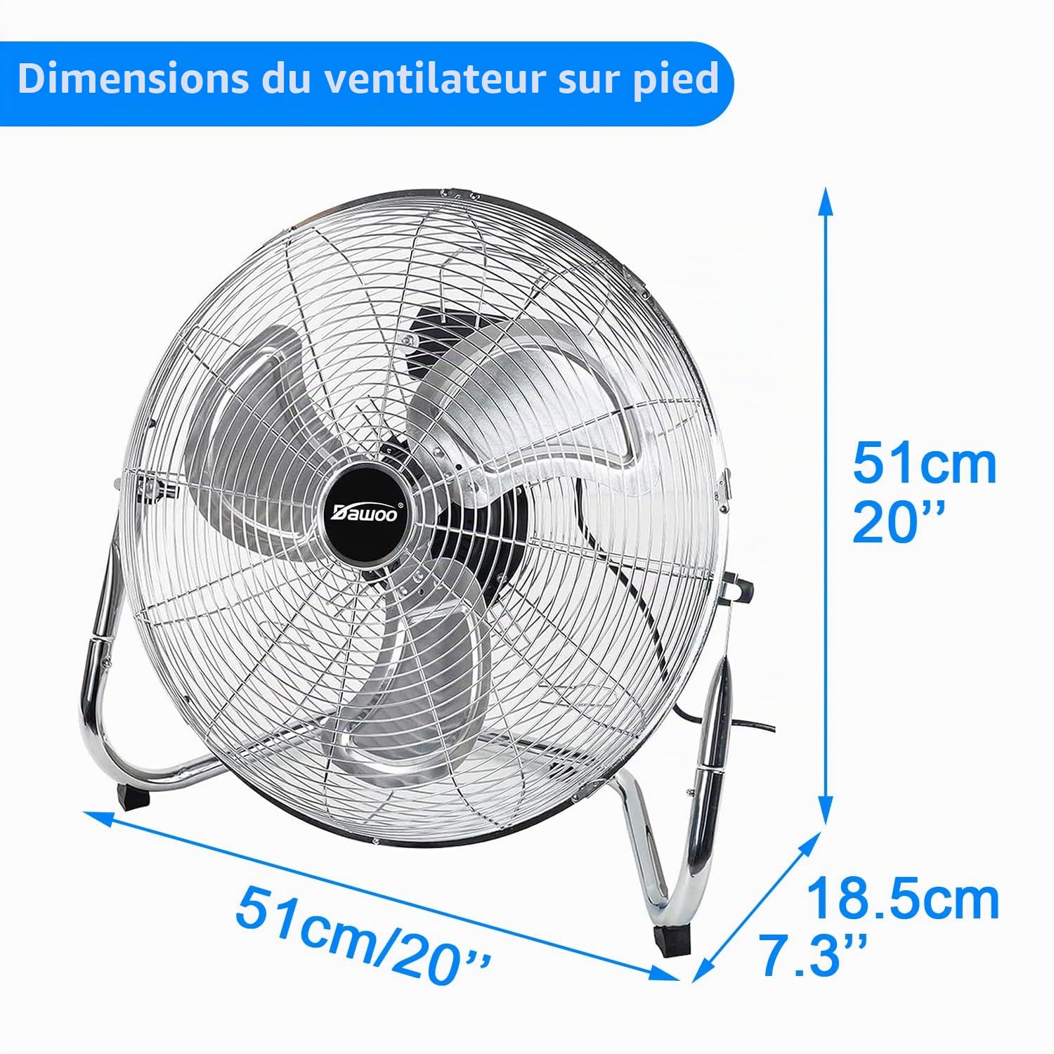 Dawoo Ventilateur de Sol - 45cm Brasseur d'air de à 3 Vitesses Avec Fonction d'inclinaison 95W Ventilateur Puissant (Chromé)