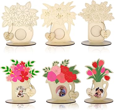 LIUBUJINGYING Mothers Day Crafts for Kids 6 Sets Mothers Day DIY Photo Frame Flowers Crafts Unfinished Wooden Flower Card DIY Mothers Day Gift Color Your Own Wood Picture Frame Kit Gifts for Mother