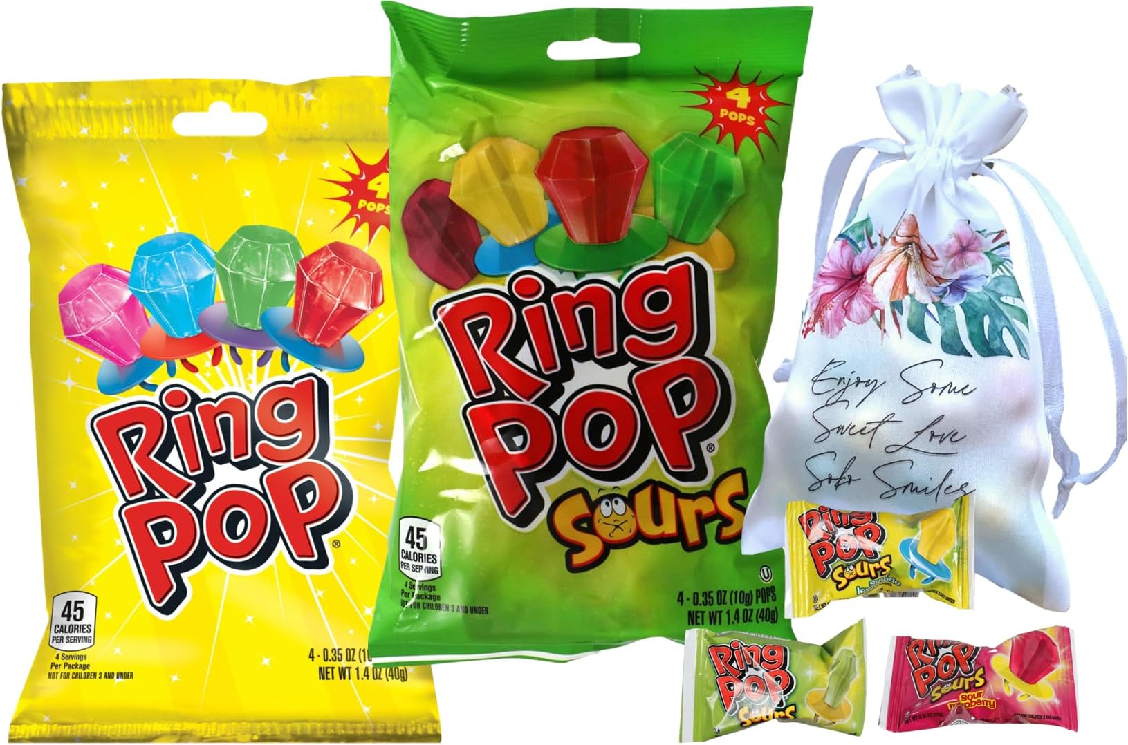 Ring Pop Sours Individually Wrapped 8 Count Lollipop Suckers w/Assorted Flavors | Fun Candy For Birthdays, Party Favors, Pool Parties, Summer Fun Treats Bundle with a Soko Smiles Candy Pocket Bag.